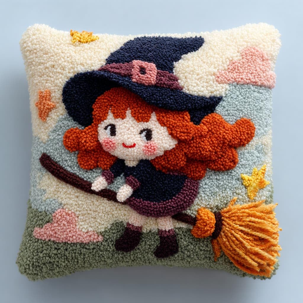 Taxpy Latch Hook Cushion Kits, Girl and Broom Pillow Case Rug Cover DIY Needlework Embroidery Kits Handmade Cushion Kit 43x43cm