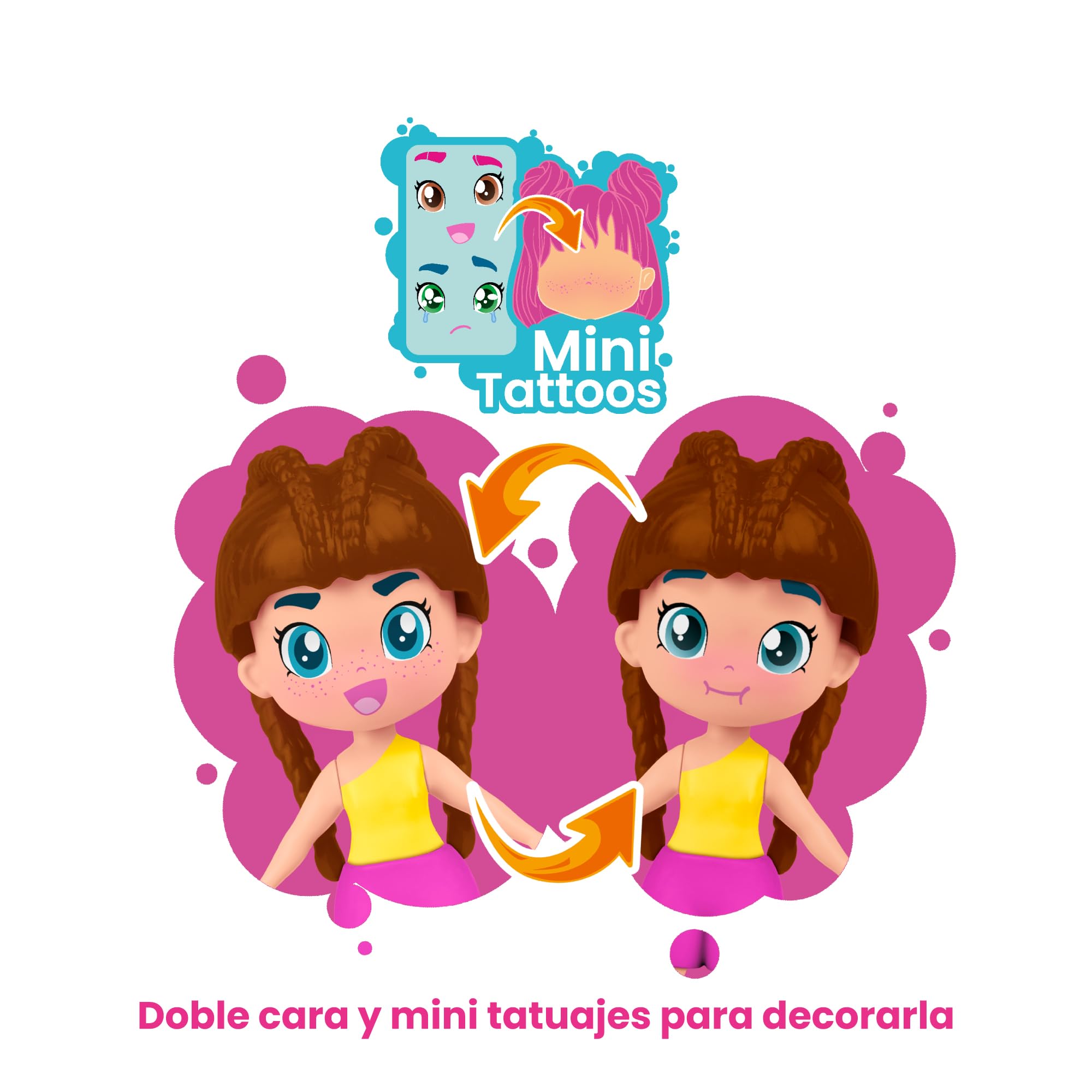 Pinypon TOP Girls Brunette, Chica TOP Morena con Outfit de Street Style, Figura de 11 cm Articulada de Brazos y Piernas, Doble Cara y Ropa y Zapatos Intercambiables, +4 años, Famosa (PNN00200)