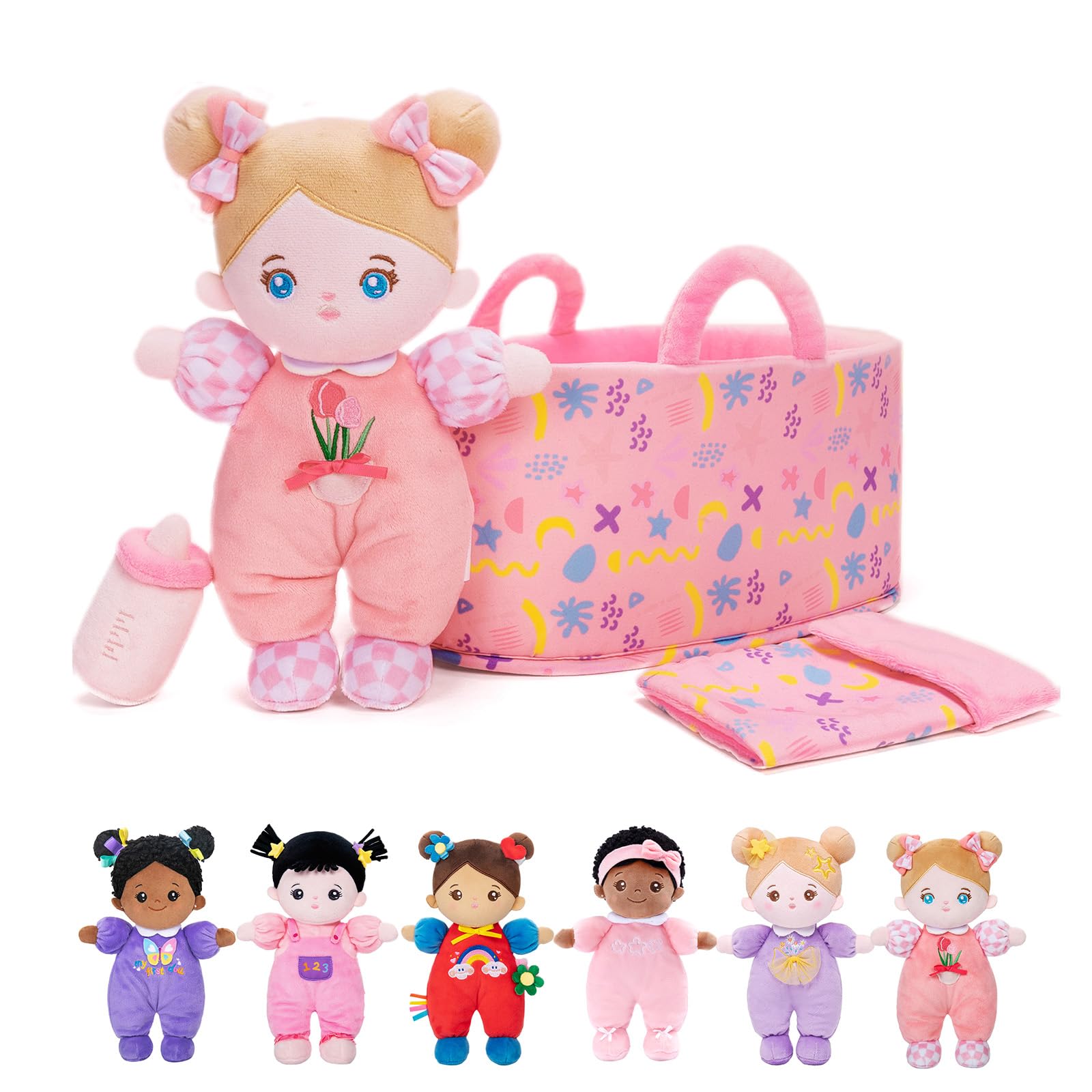 OUOZZZBaby Doll with Carry Bag and Doll Accessories, Pink, 25 cm, Soft Rag Doll, Blue Eyes, Cuddly Doll for Children from 3 Months - Baby Gift for Birth Girls Boys