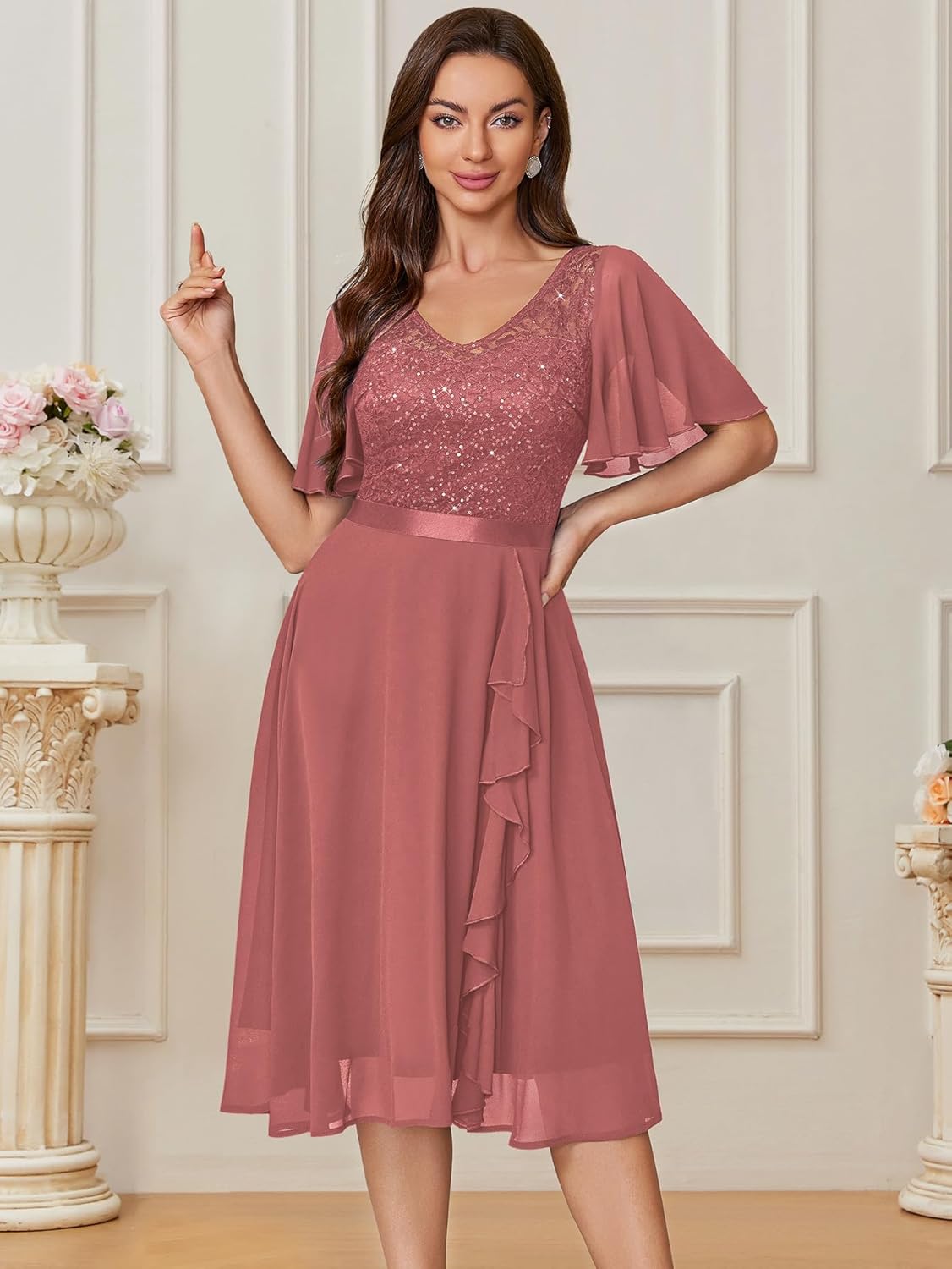 Miusol Women's Sequin Lace V Neck Ruffle Style Cocktail Party Chiffon A-line Dress - Image 3