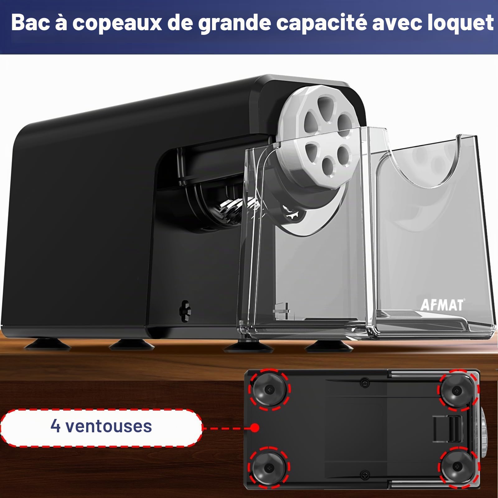 AFMAT Taille-crayon électrique 6 trous avec récipient, arrêt automatique et stockage de crayons - Taille-crayon électrique rechargeable pour 6 à 11 mm N° 2/grand/crayons de couleur, 10 000 tailles