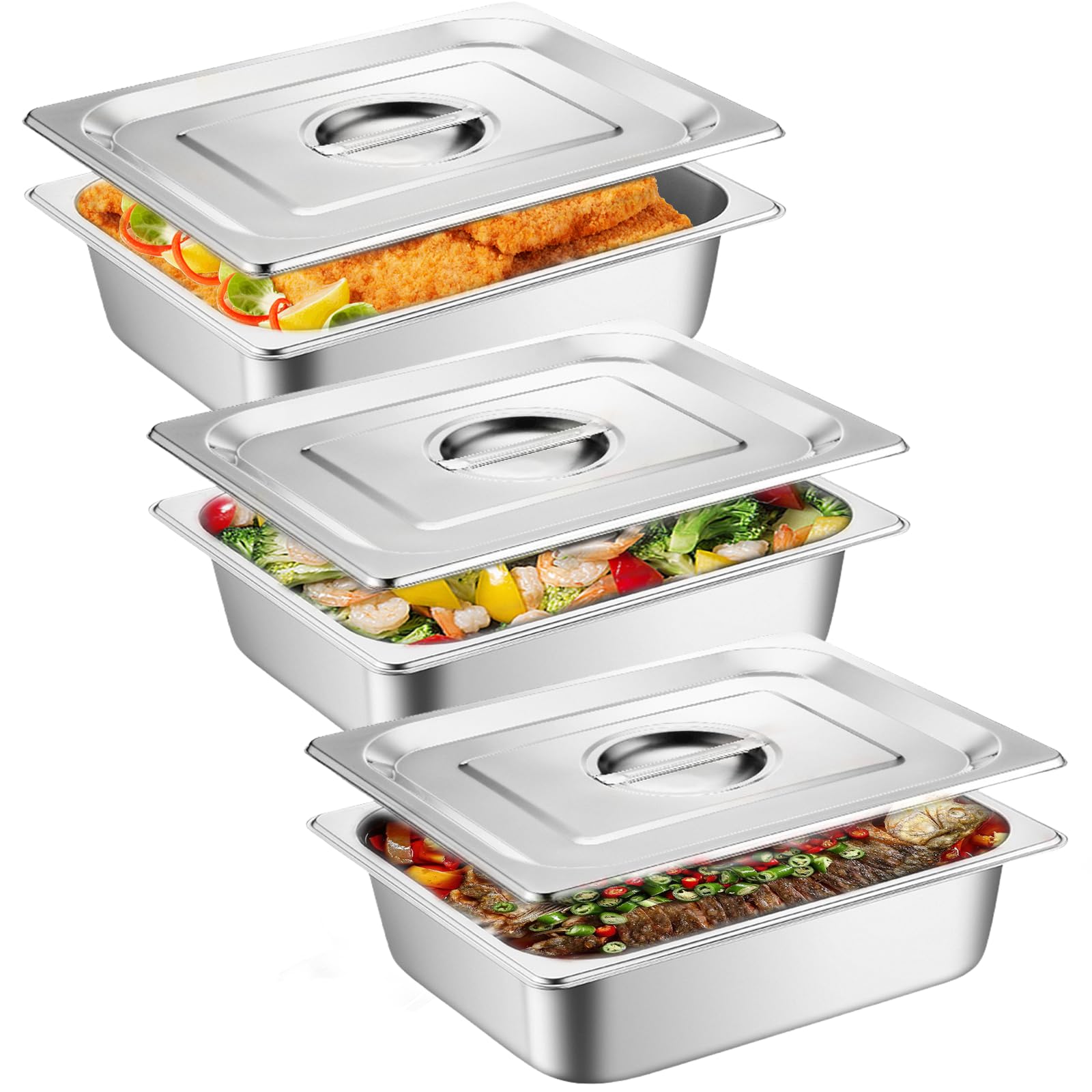 GOMETY Juego de 3 cuencos para empanar, recipiente GN 1/3, recipiente de acero inoxidable con tapa, juego de 3 piezas, cuenco para empanar, ideal para comida y plato, 32,5 x 17,6 x 6,5 cm