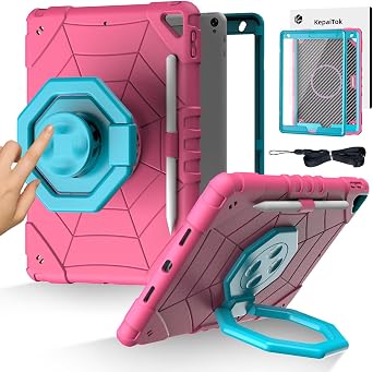 Case for iPad 9th/8th/7th Generation 10.2",360Rotate Stand Cover with Screen Protector Pencil Holder, Kids Shockproof Case with Shoulder Strap for iPad 10.2 inch 2021/2020/2019 Pink