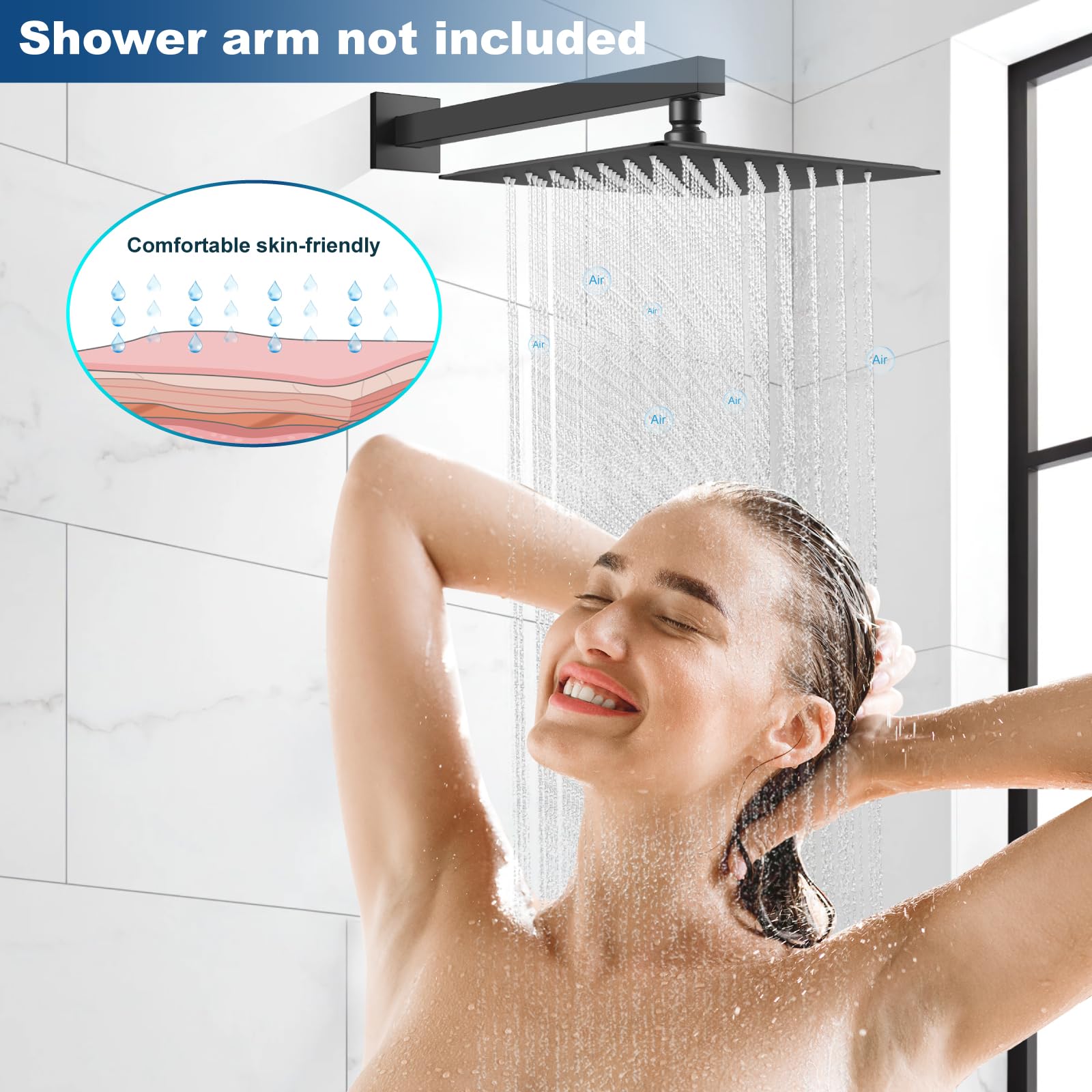 Midanya Pomme De Douche Carrée En Acier Inoxydable Haute Pression, Couverture Anti-fissures Avec Buse En Silicone 0,6 Cm, Design Ultra Fin, Connecteur Pivotant, Noir Mat, 30,5 Cm
