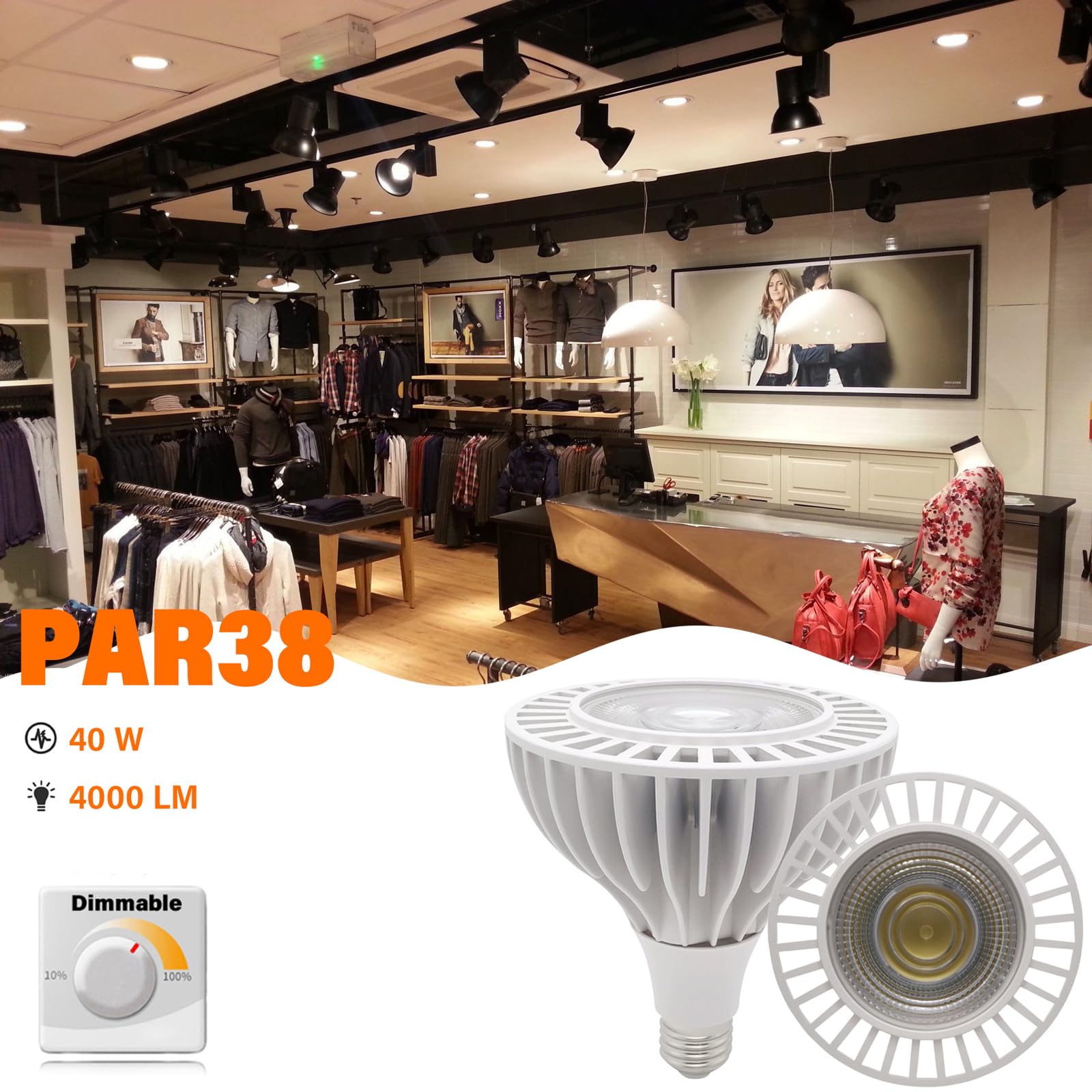 4er-Pack PAR38-Flutlicht-LED-Lampen, 40-Watt-COB-dimmbare Glühbirne (entspricht 300 Watt), ultraheller 4000-Lumen-Strahler, AC 220–240, E27-Sockel, 10–100% Helligkeitsanpassung
