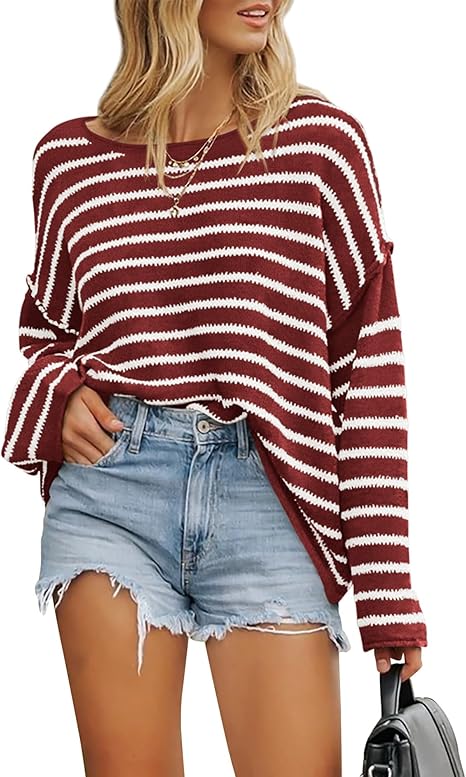 BTFBM Women's Striped Knit Sweaters 2025 Spring Fall Boat Neck Off Shoulder Long Sleeve Oversized Casual Pullover Tops