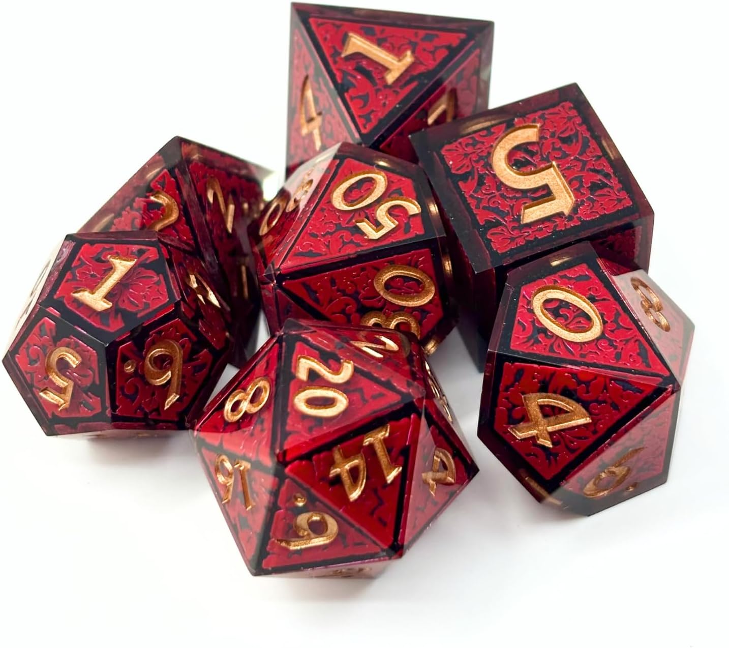 Sage's Encased Sharp Edge Resin Polyhedral Dice Set Unique 7 Piece Inner Core DND Dice for TTRPG Dunegons and Dragons Pathfinder (Arabesque Crimson)