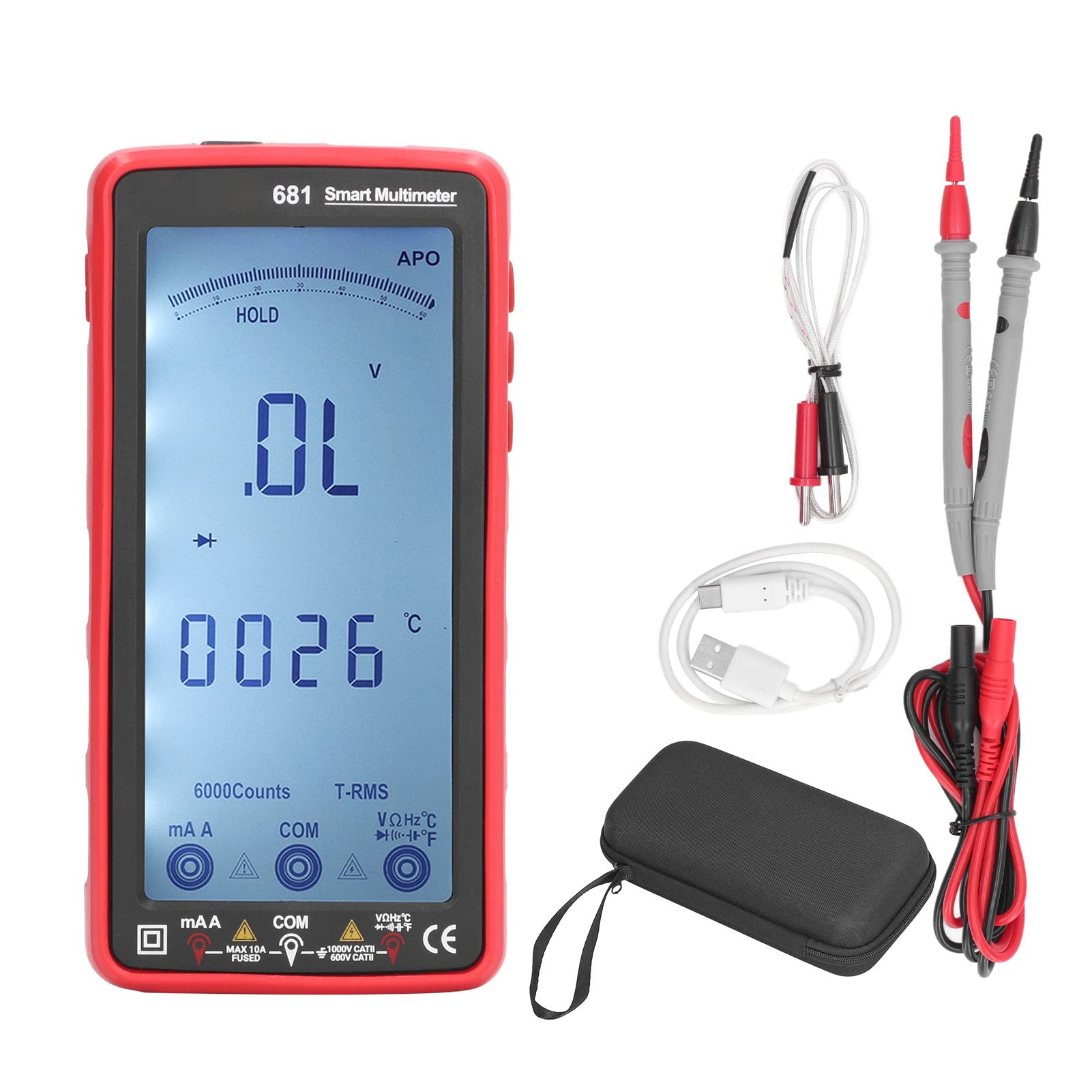 Multímetro digital, Smart Touch TRMS, selección automática de rango, 9999 | Probador sin contacto con alarma LED y linterna, carga USB, carcasa ABS, selección automática de rangos
