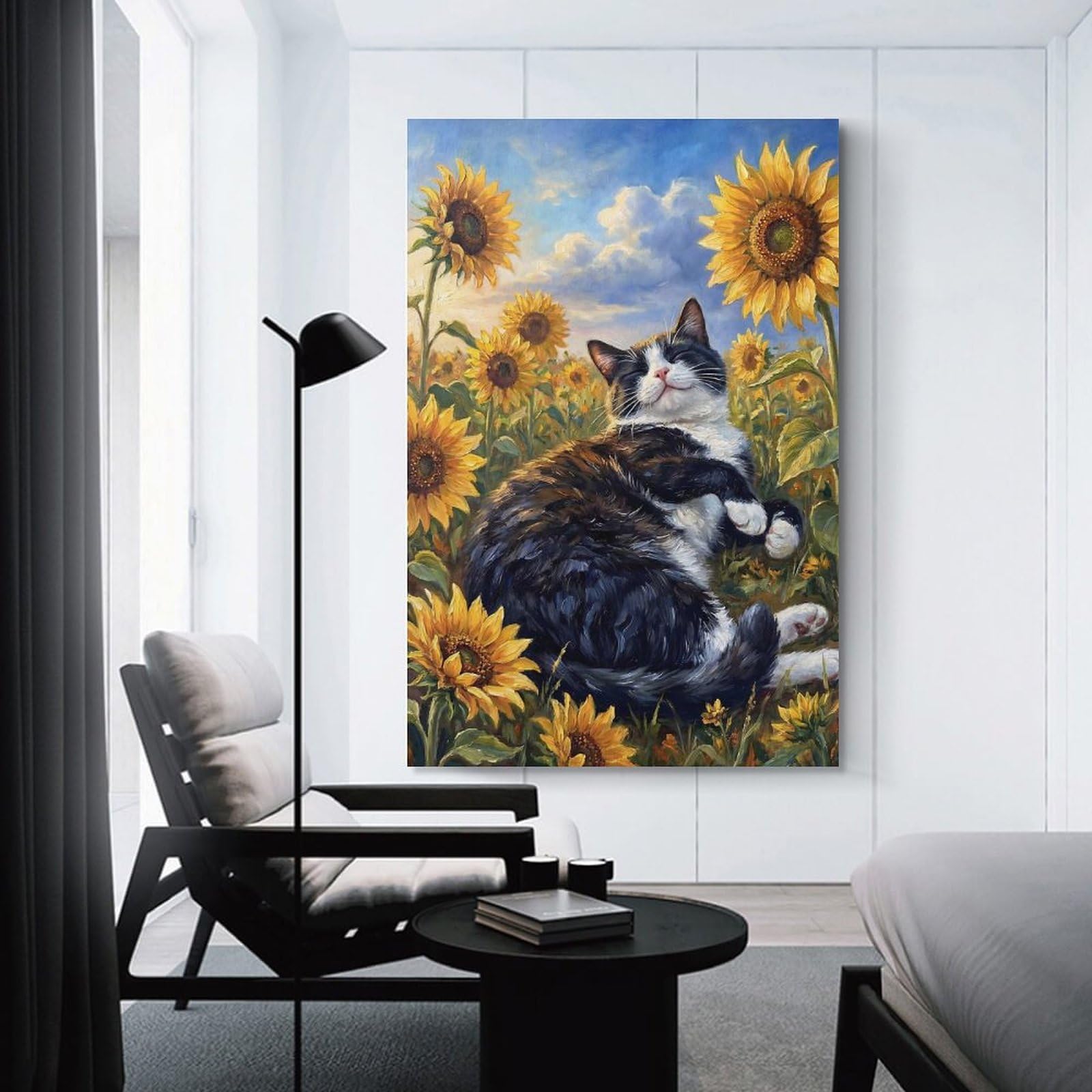 Junmoney Wall Picture Print Tuxedo Cat in Sunflower Field, 24x36inch(60x90cm), for Apartments, Flats Or New Home Decor, A Simple Refresh for Blank Walls