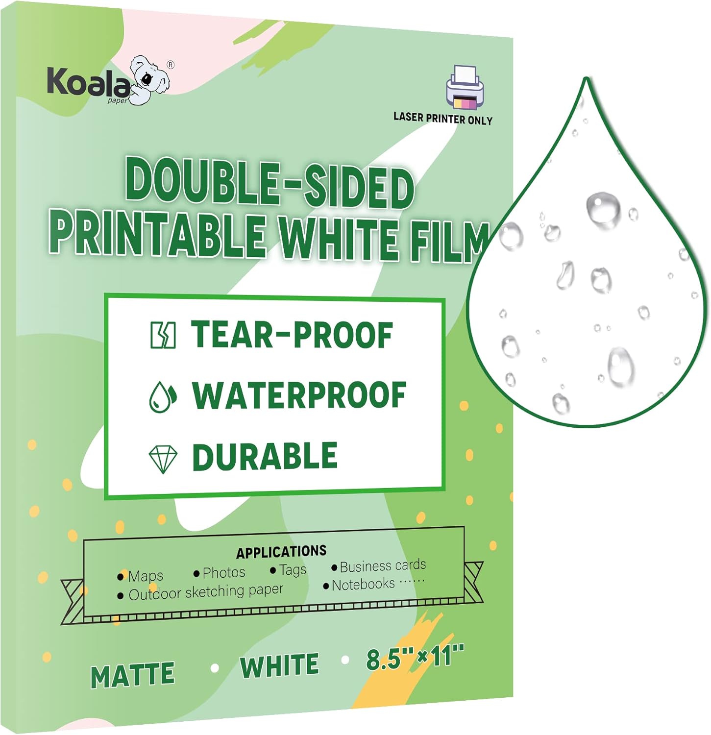 Koala Waterproof Paper for Laser Printer, Tearproof Printer Paper, Matte Double Sided Printable White Film 8.5x11 In 25 Sheets For Printing Backpacking Maps : Office Products