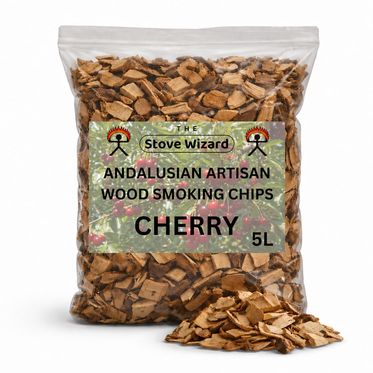 The Stove Wizard Cherry Wood BBQ Smoker Smoking Chips 5 Litre Andalusian Artisan Premium Quality Natural Eco Friendly Wood Chips for Gas & Charcoal Grill Outdoor Cooking for Authentic BBQ Flavour