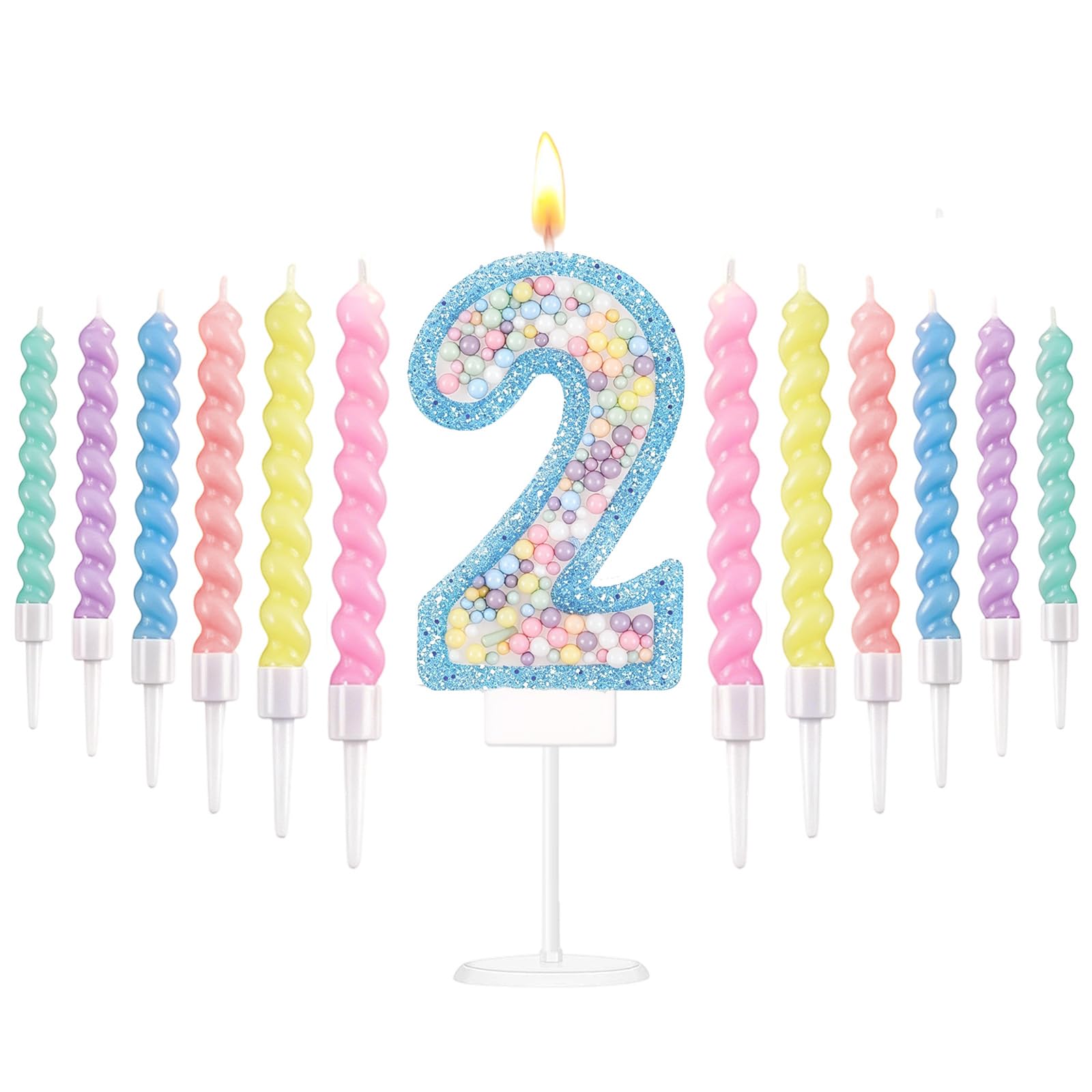 Blue Macaron 2nd Birthday Candles Set, Number 2 Birthday Candle with 12pcs Spiral Candles for Girls Boy 2nd Birthday Decorations, Rainbow Cake Topper for Party Decoration, Baby Showers Supplies