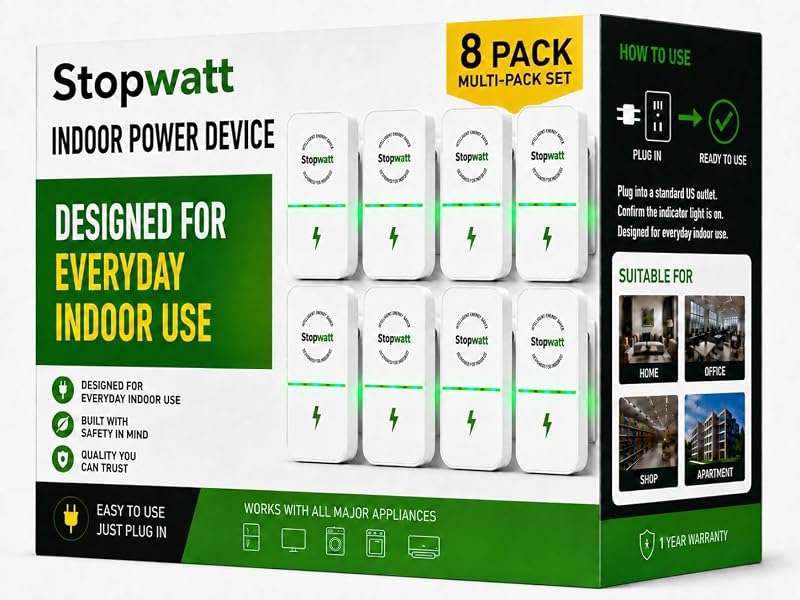 Stopwatt Paquete de 8 dispositivos de enchufe inteligente, Stop Watt Power Plug Pro para el hogar, oficina, tienda y supermercado, estabilizador de voltaje de enchufe de EE. UU. 90 V-250 V