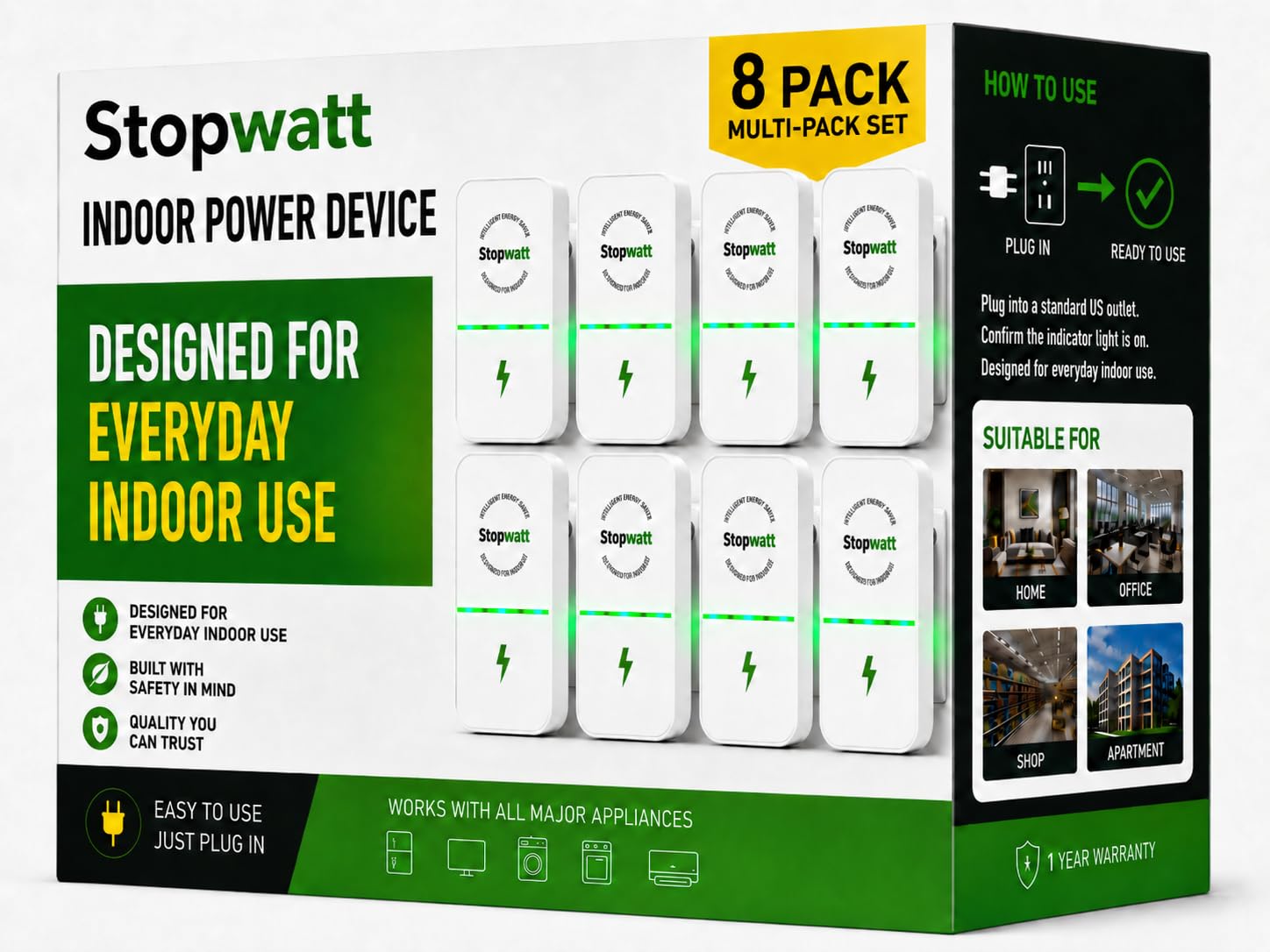 Stopwatt 8 Pack Smart Plug Device, Stop watt Power Plug Pro for Household, Office, Shop & Supermarket, US Plug Voltage Stabilizer 90V-250V