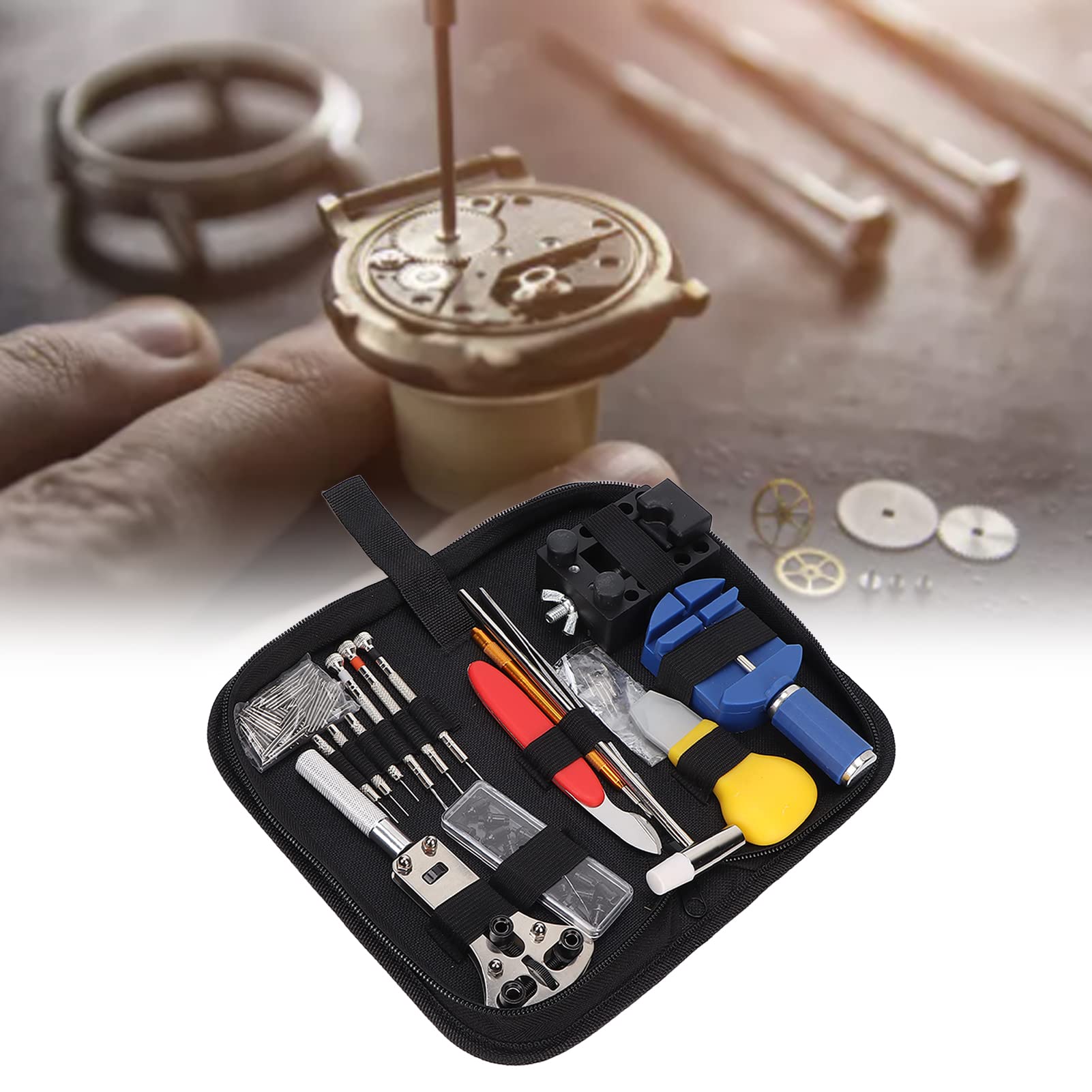 144-teiliges Uhrenreparaturset, Uhrenarmbandentferner, Federstegwerkzeug, Verstellbarer Gehäuseöffner, Uhrenreparaturwerkzeugsatz mit Stoffaufbewahrungstasche