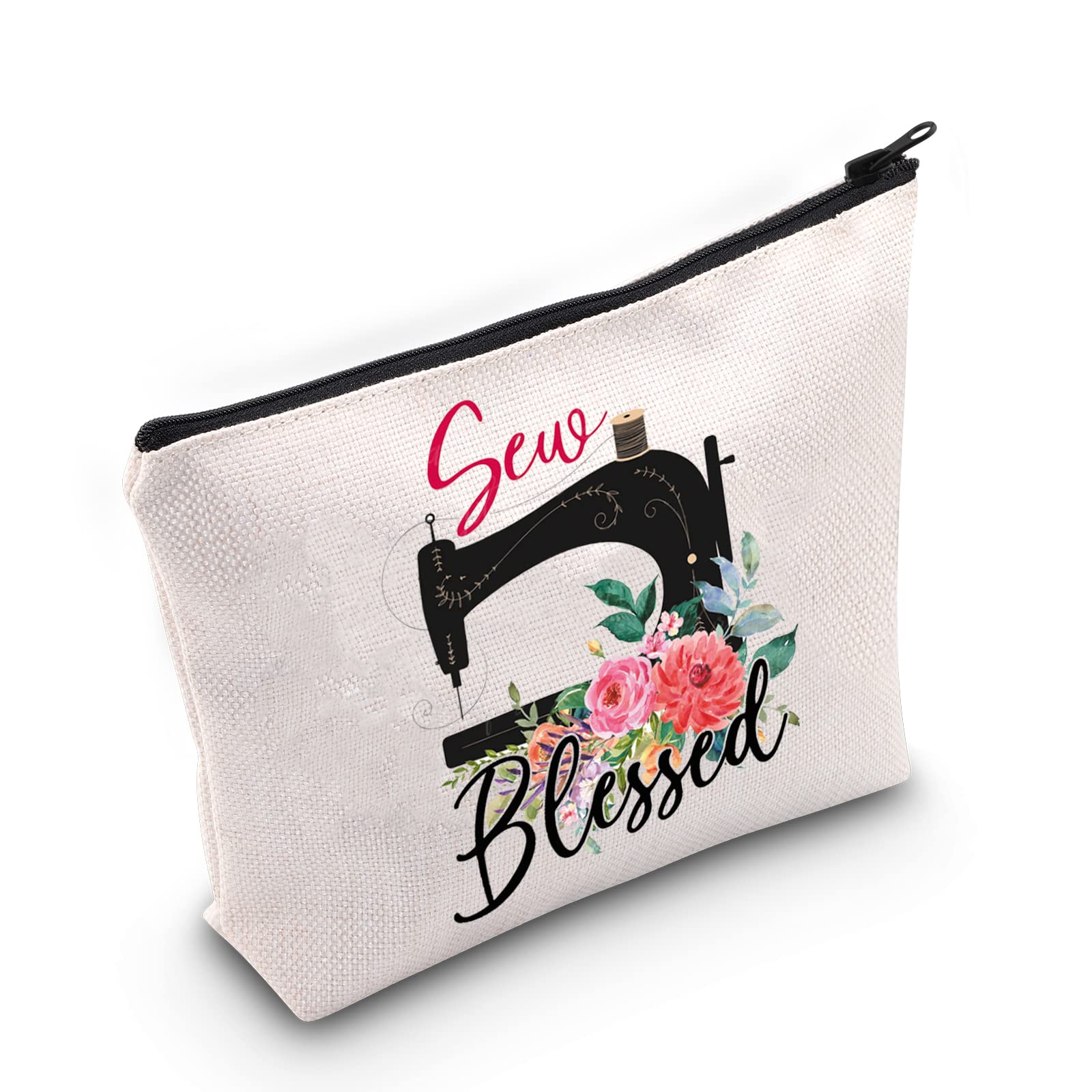 LEVLO Sewing Machine Cosmetic Make Up Bag Quilter Inspired Gifts Sew Blessed Makeup Zipper Pouch Bag For Seamstress, Sew Blessed