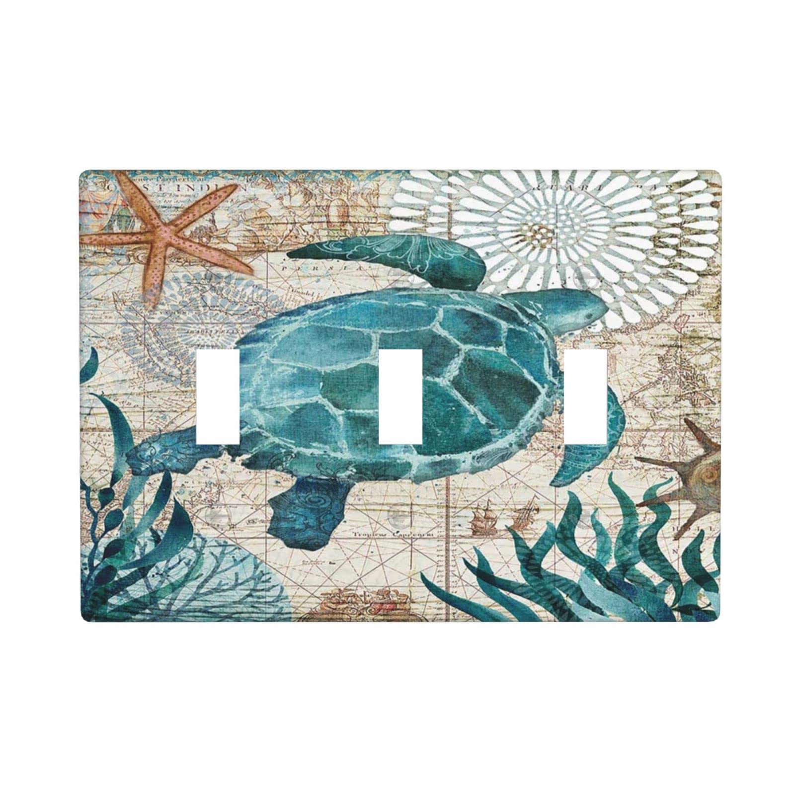 Sea Turtle Light Switch Cover 3 Gang Decorative Triple Toggle Wall Plate Bathroom Farmhouse Decor Faceplate 4.5 X 6.38 In Blue