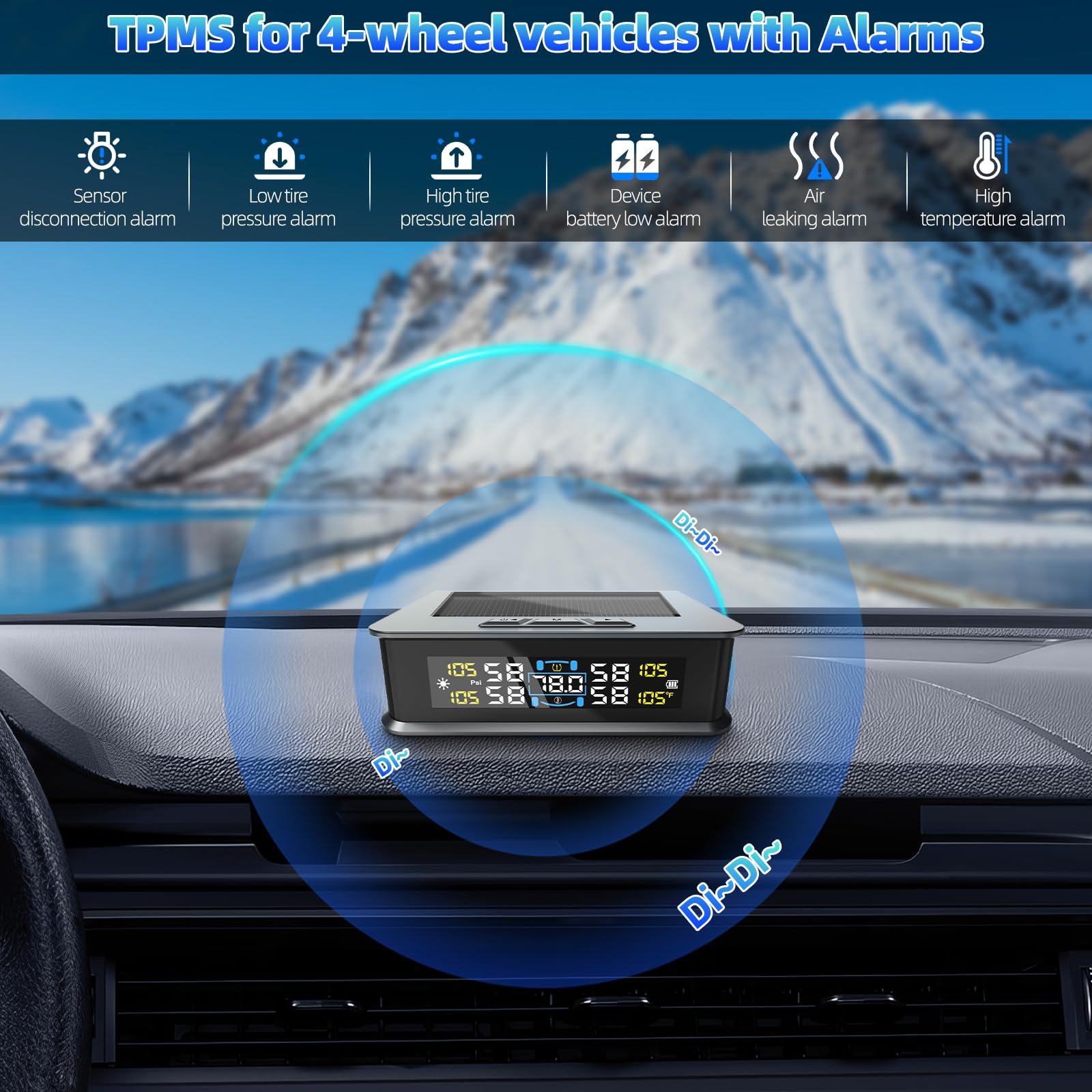 TPMS Sistema di Sensori di Monitoraggio della Pressione Pneumatici con Allarme Temperatura/Pressione per 4 Turni Camper SUV Auto, 5 Bar