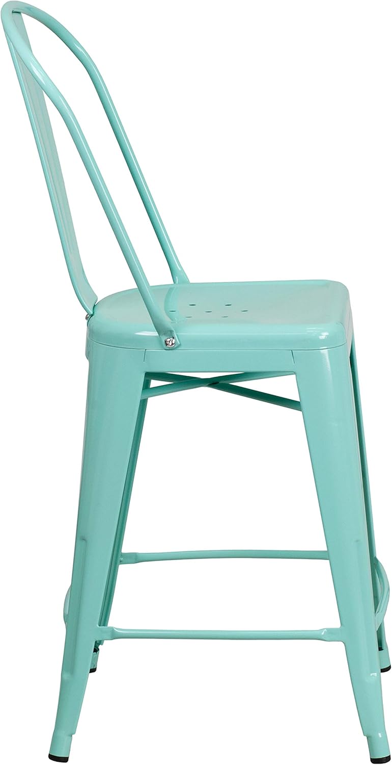 Merrick Lane Stella 24" Indoor-Outdoor Counter Stool - Metal Stool with Mint Green Finish - Vertical Slat Back - Integrated Footrest