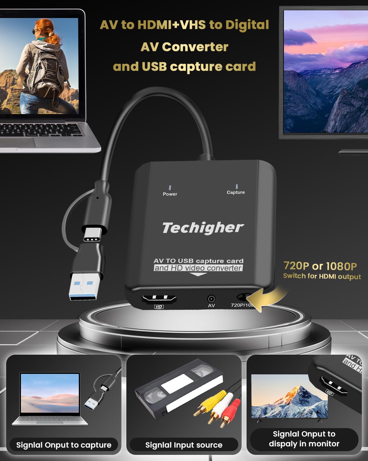 Convertidor VHS a digital, tarjeta de captura de video USB para video, VCR/Hi8/DVD/AV/RCA/VHS a convertidor digital, convertidor RCA a HDMI, convertidor AV a HDMI, captura y convierte