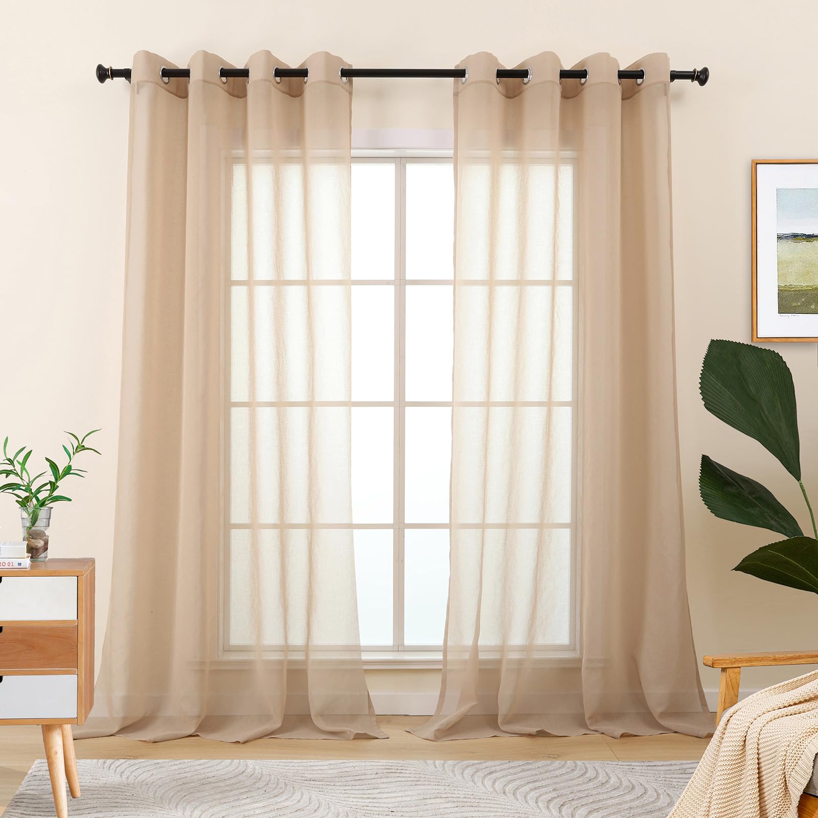 L.Z.E Vorhang Beige für Wohnzimmer Fenter, Transparente Gardine mit Ösen Kurz, Sand Gardinen Vorhänge für Schlafzimmer Küche, 2er Set Gardinenschals Durchsichtig Modern 145 cm
