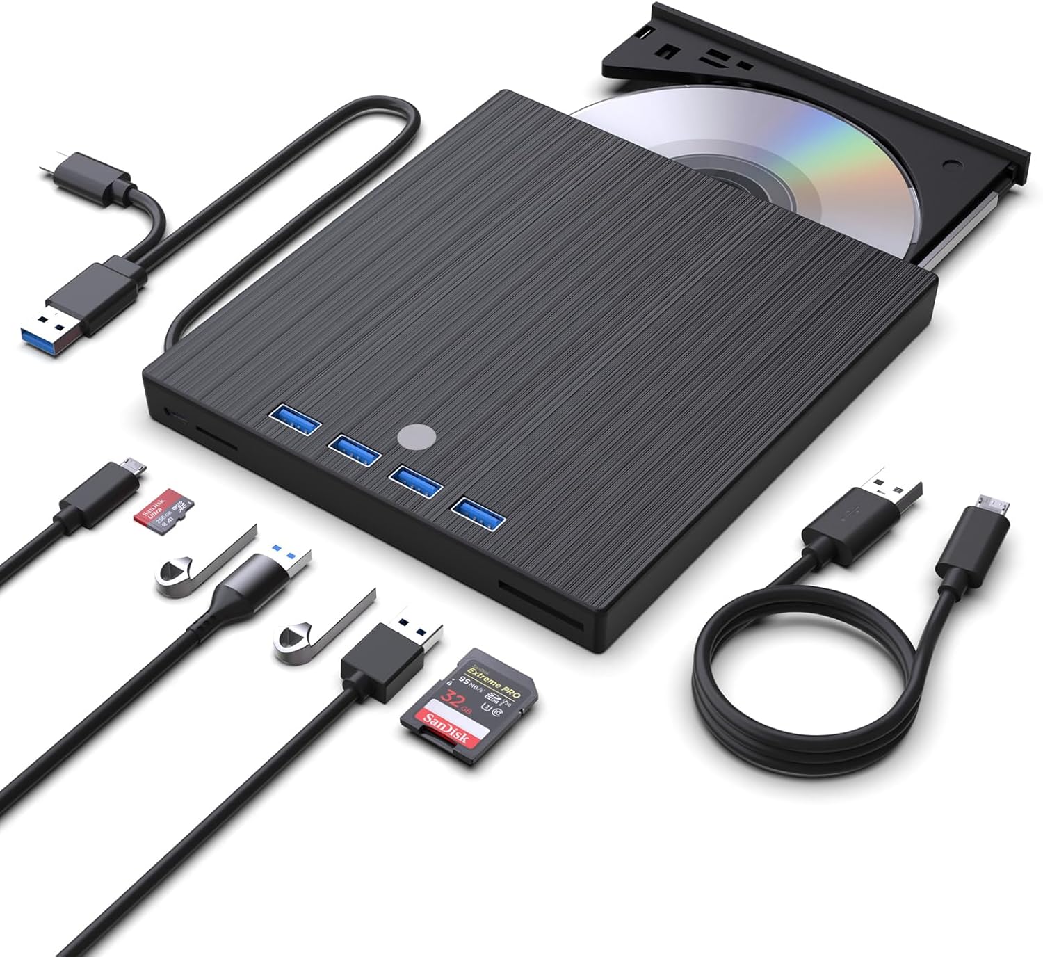 External CD DVD Drive,9 in 1 USB 3.0 and Type-C CD Burner Player Writer with 4 USB Ports and 2 TF/SD Card Slots,Ultra Slim Optical Disk Driver for Laptop Mac PC Windows Linux OS
