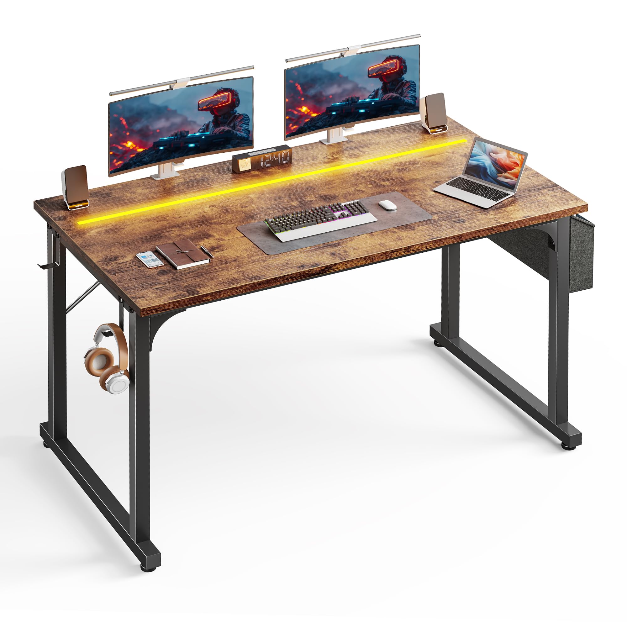 48 Inch Computer Desk with LED Lights, Office Desk for Home Office, Study Desk Writing Table with Storage Bag, Headphone Hook, Rustic Brown