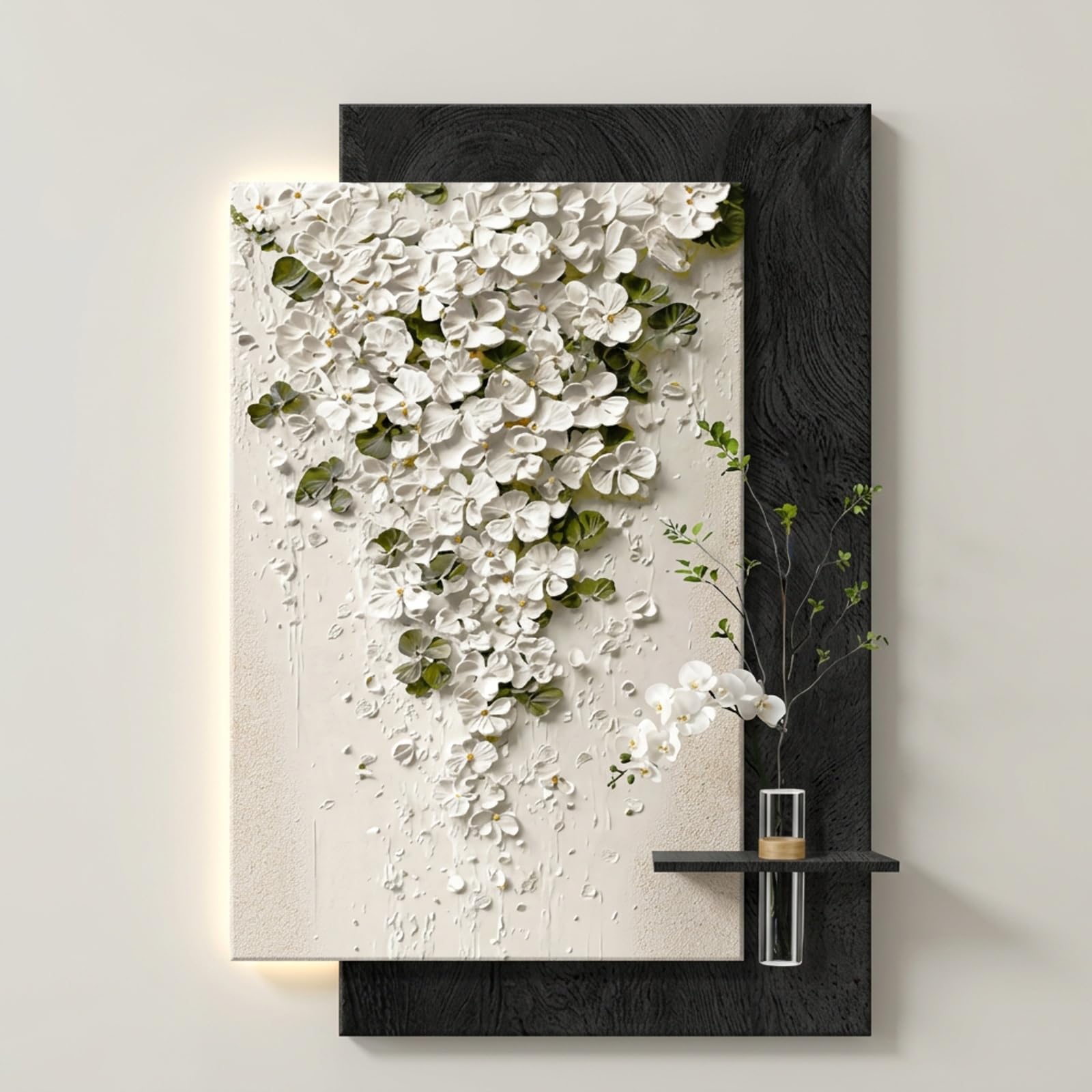 3D LED Wandbild mit Sandstein Relief, moderne Wanddekoration mit Vase | Handgefertigte Sandsteinoptik, integrierte Hydrokultur-Vase, dimmbare LED-Beleuchtung(A,39*59IN_LED+MOTION)