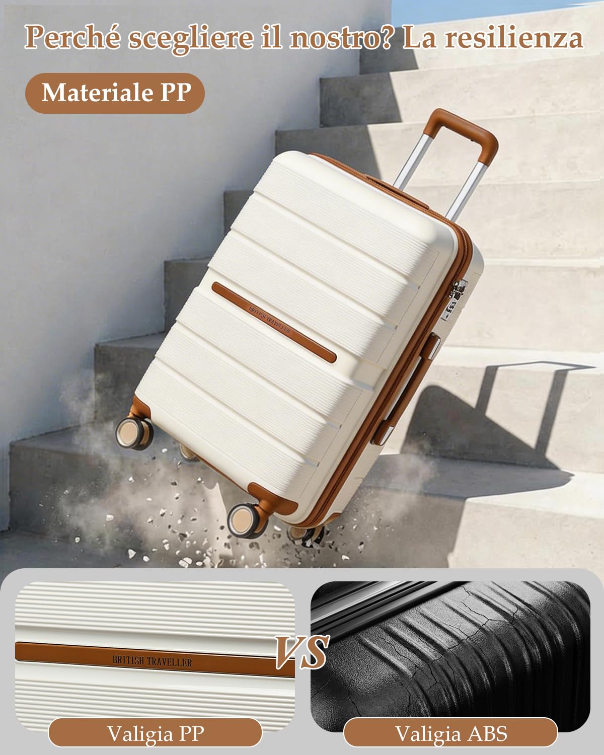 British Traveller Valigia Media Rigida 66cm Trolley Medio PP Leggero con TSA Lucchetto (24pollici, Bianco)