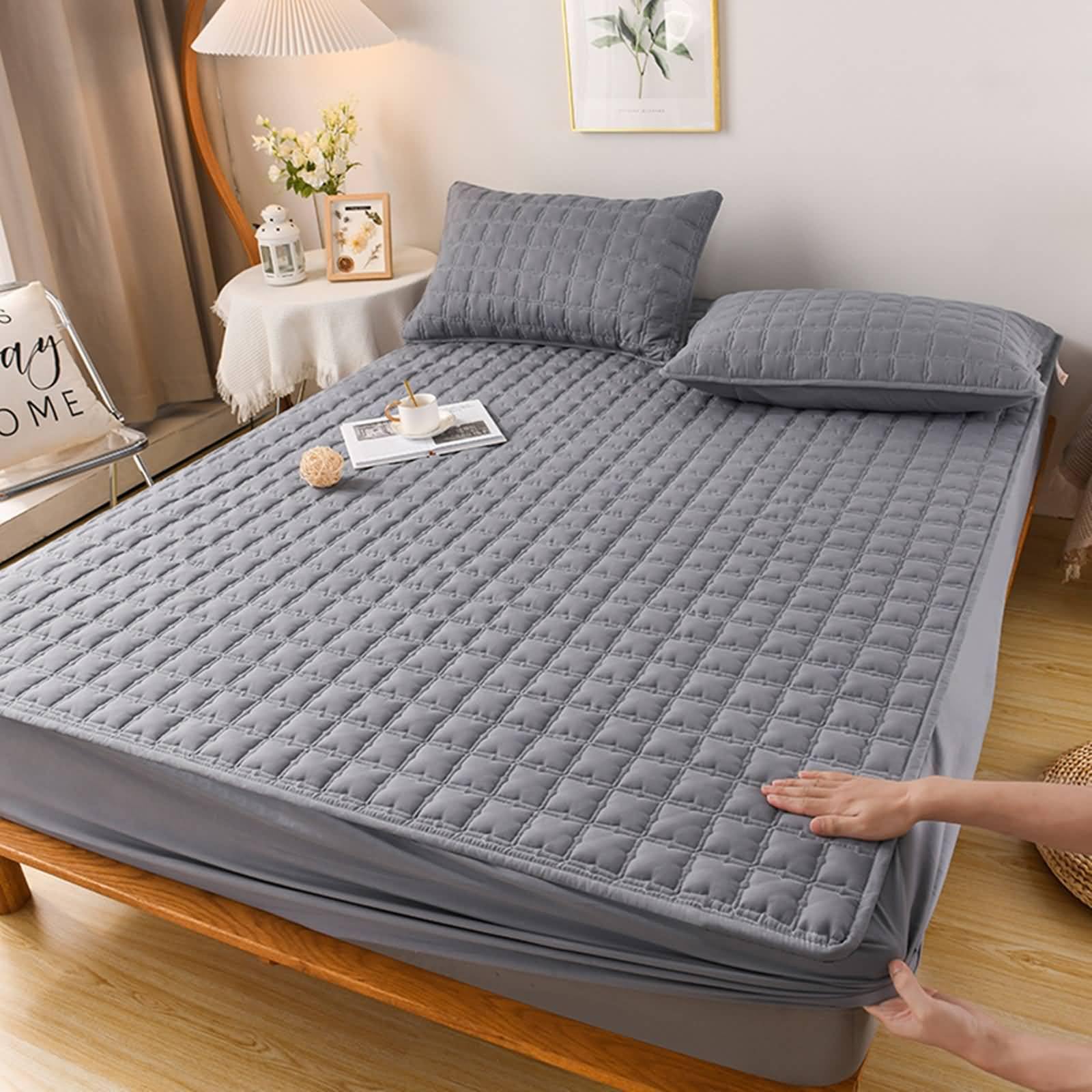 Beydodo Juego Sabanas Bajera 3 Piezas 180 x 200 cm + 2 Almohadas,Sábana Bajera Protector Color Sólido con Cuadrado Bajera Suave Gris