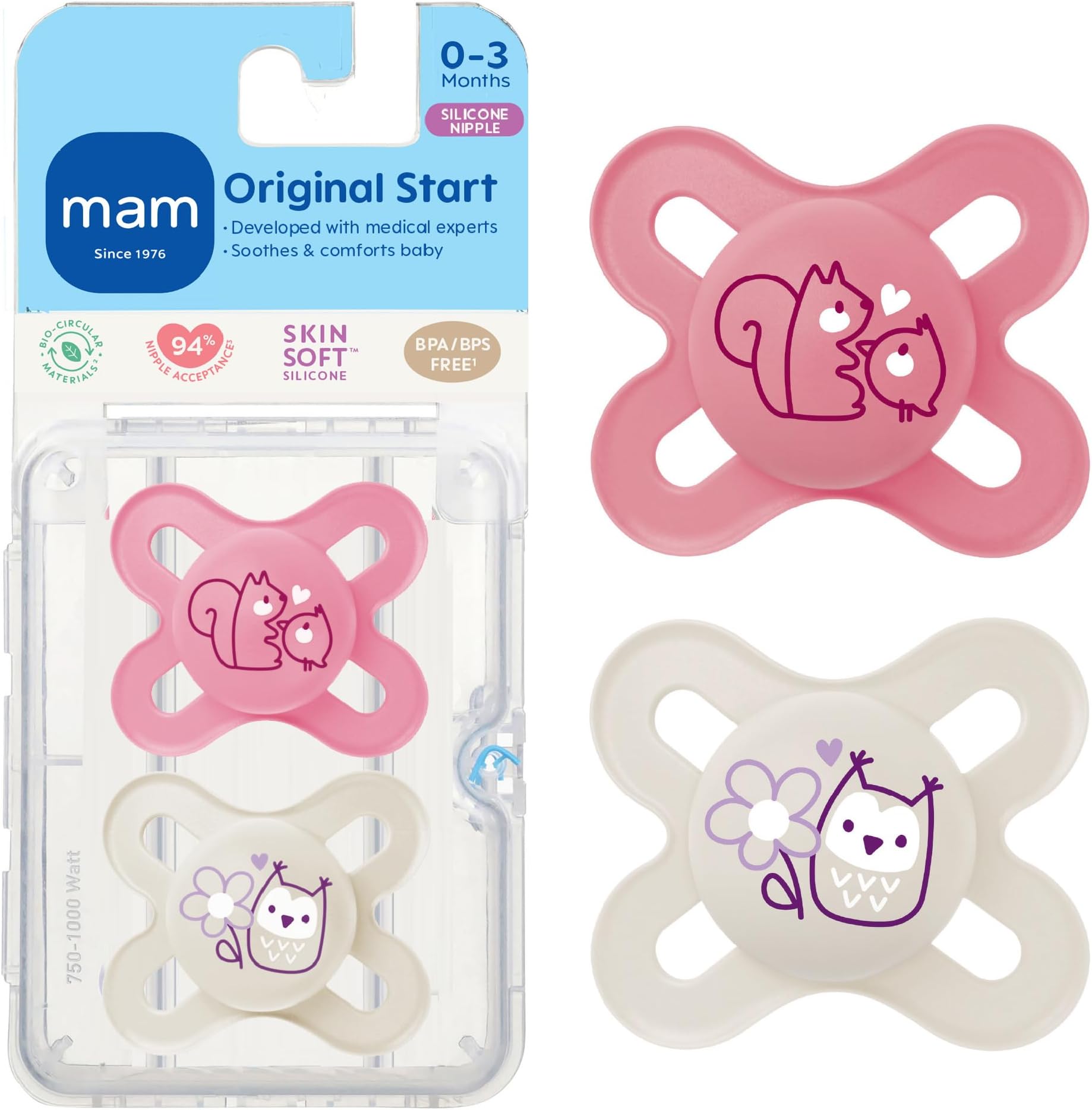 Original Start Matte Baby Pacifiers 0-3 Months, BPA-Free Skin Soft Silicone Nipple, Developed with Medical Experts Specially for Smaller Newborn Mouths, Easy to Clean, 2 Pk with Sterilizer Case