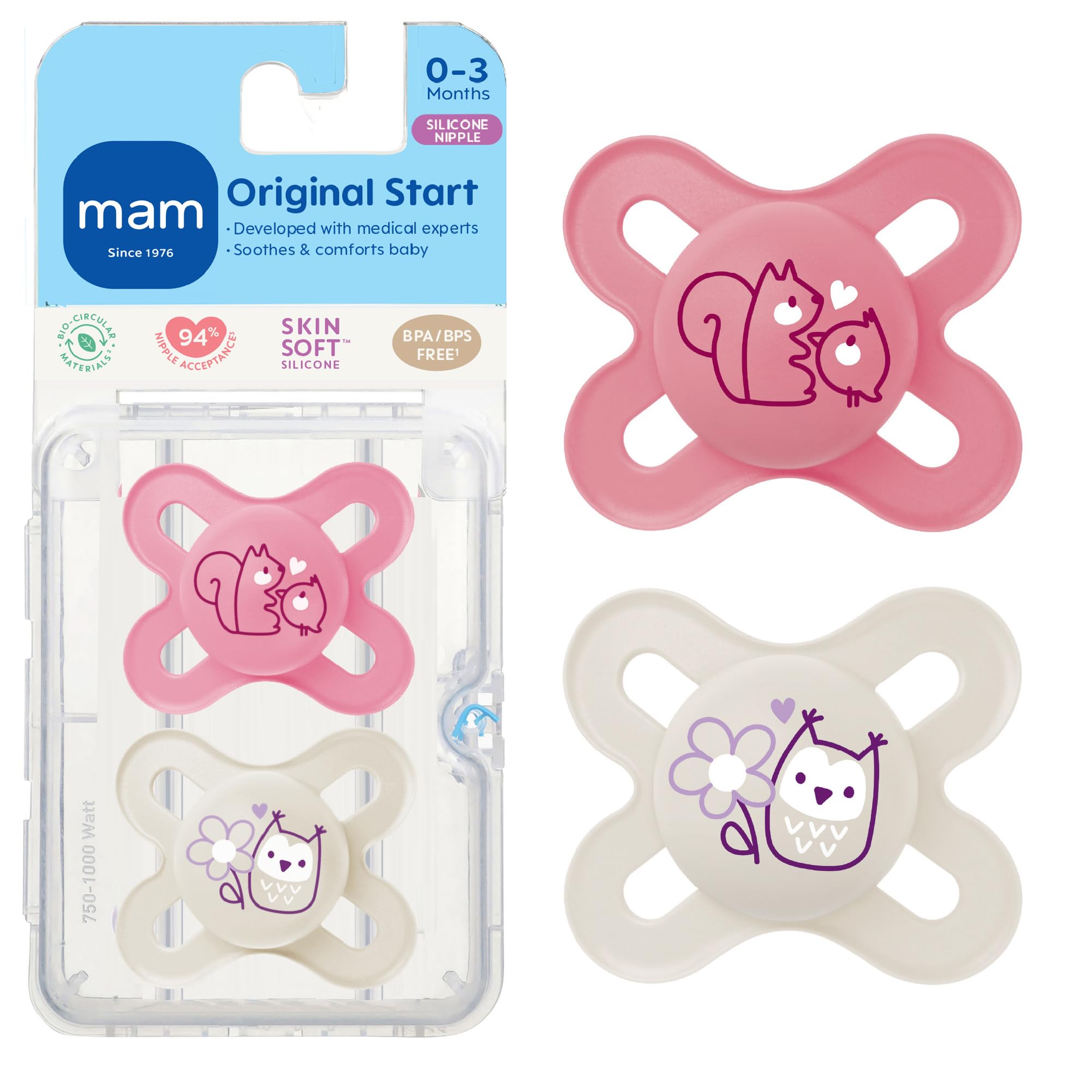 MAM Original Start Matte Baby Pacifiers, Binky for 0-3 Months, BPA-Free Silicone Nipple, Easy to Clean, Best for Newborn Babies, Developed with Medical Experts, 2 Count Binkies with Sterilizer Case