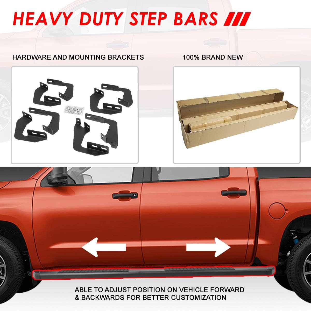 Auto Dynasty Running Boards Compatible with 2007-2021 Toyota Tundra CrewMax/Extended Crew Cab, Stainless Steel Side Step Nerf Bar, 5 Inches Step Bars, Black Powdercoated