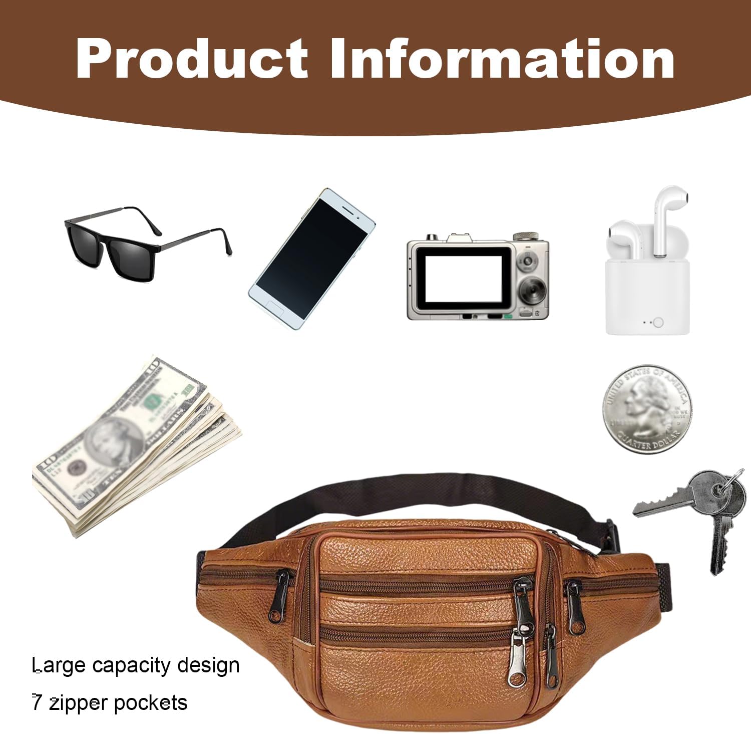 Leather Fanny Pack For Men & Women Belt Bag With Adjustable Waist Belt, Lightweight Fanny Pack Comes With Multiple Zippered Pockets Easy Carry Any Phone,Wallet (Reddish brown) - Image 6