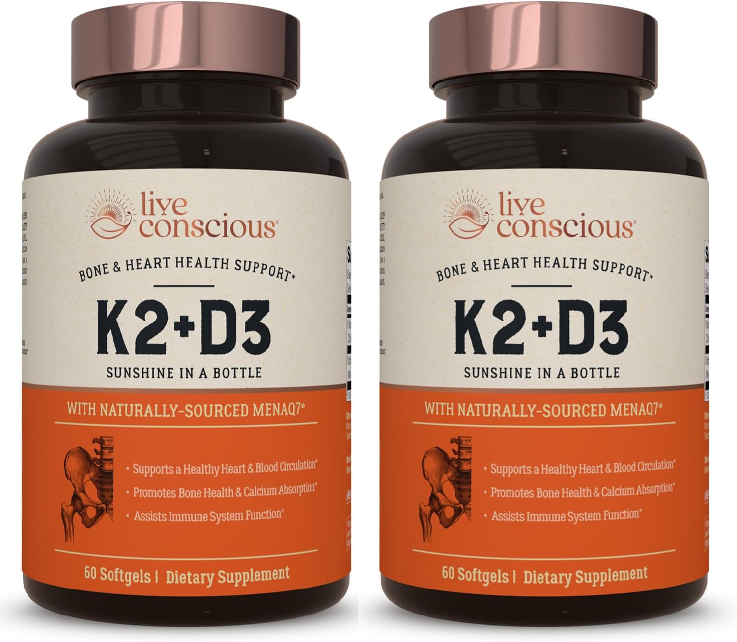 Live Conscious Vitamin K2 MK7 with D3 Supplement | Bone & Heart Health Support - Patented Vitamin K & Vitamin D3 5000 IU (2-Pack)