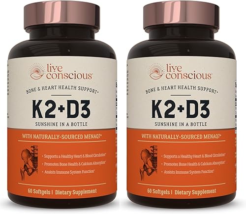 Live Conscious Vitamina K2 MK7 con suplemento D3 | Apoyo a la salud ósea y cardíaca - Vitamina K patentada y vitamina D3 5000 UI (paquete de 2)