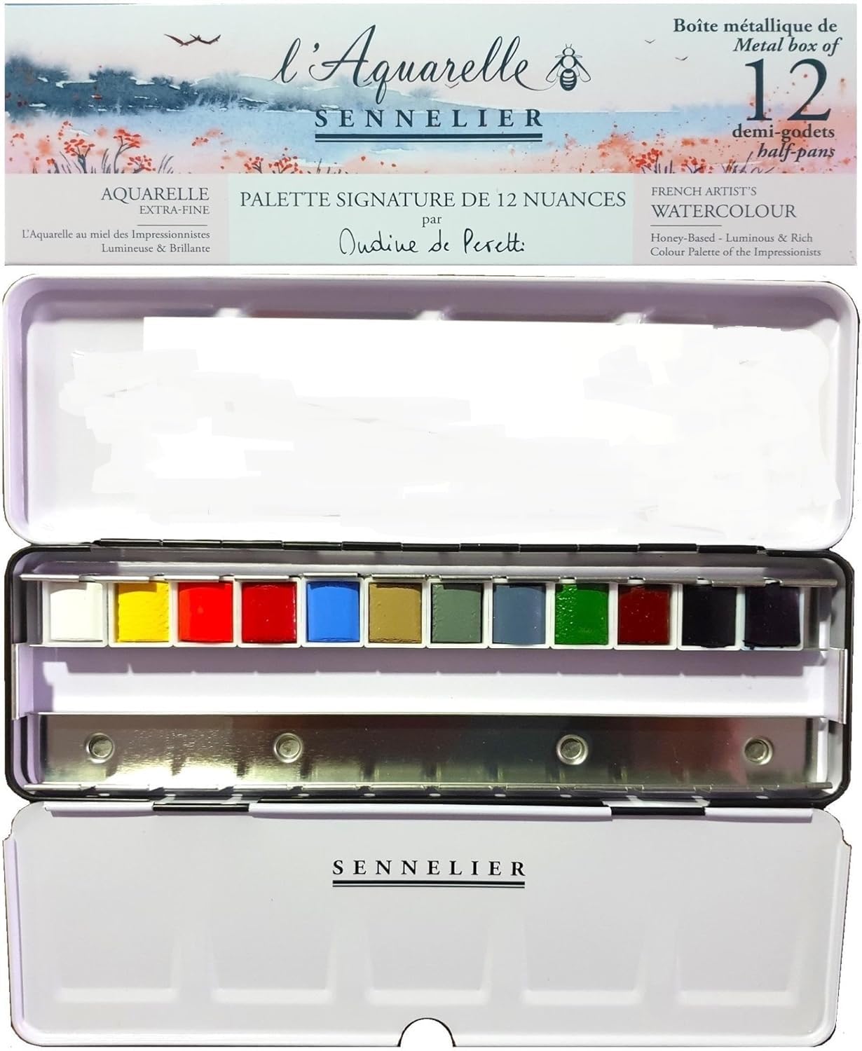 Sennelier Scatola di Pittura Acquarello Extra-Fine Set Ondine di Peretti .12 Mezzo Benne + Pennello e 1 carta