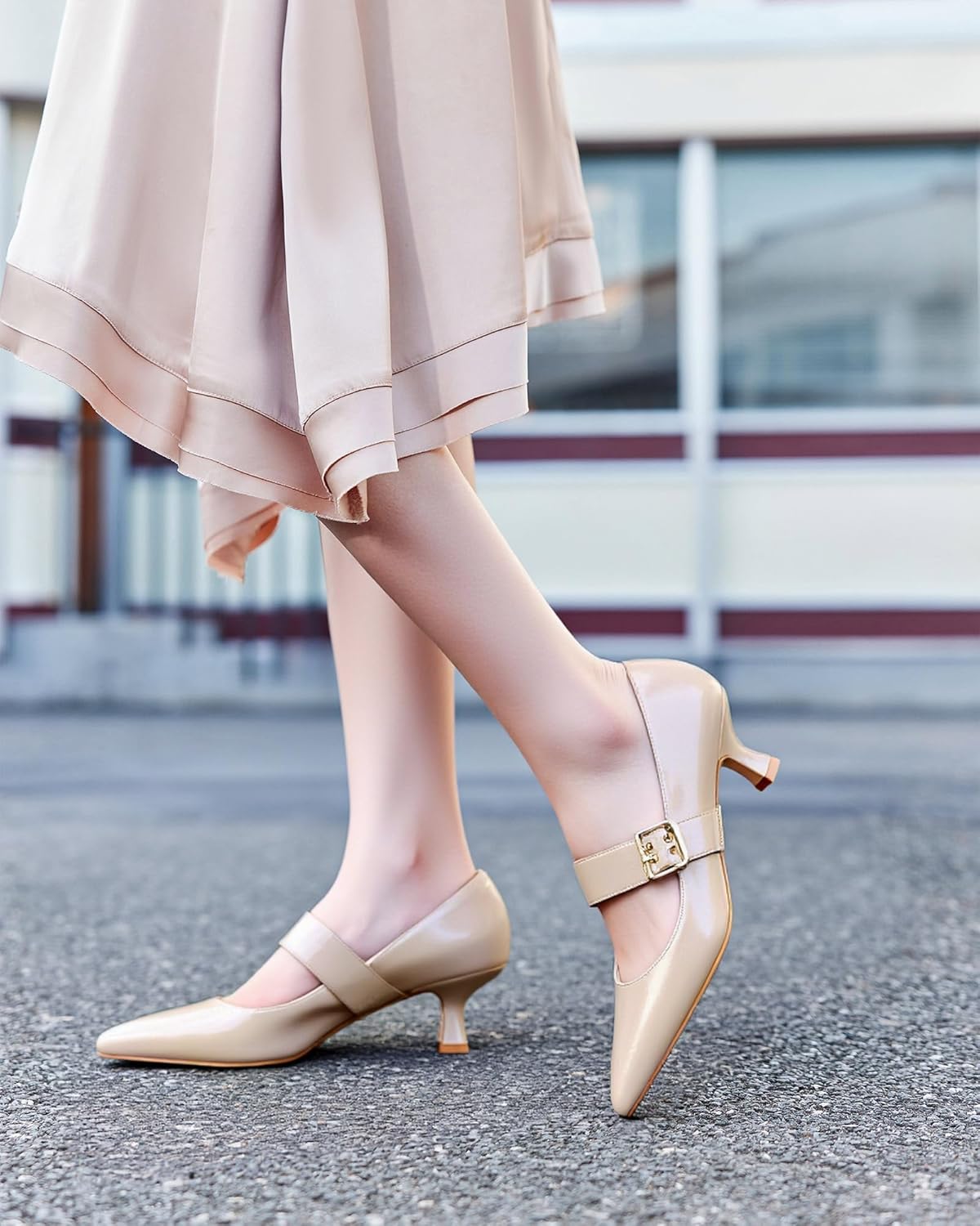 Coutgo Womens Kitten Heels Mary Jane Shoes Closed Pointed Toe Dress Shoes Buckle Work Office Pump Shoes - Image 2