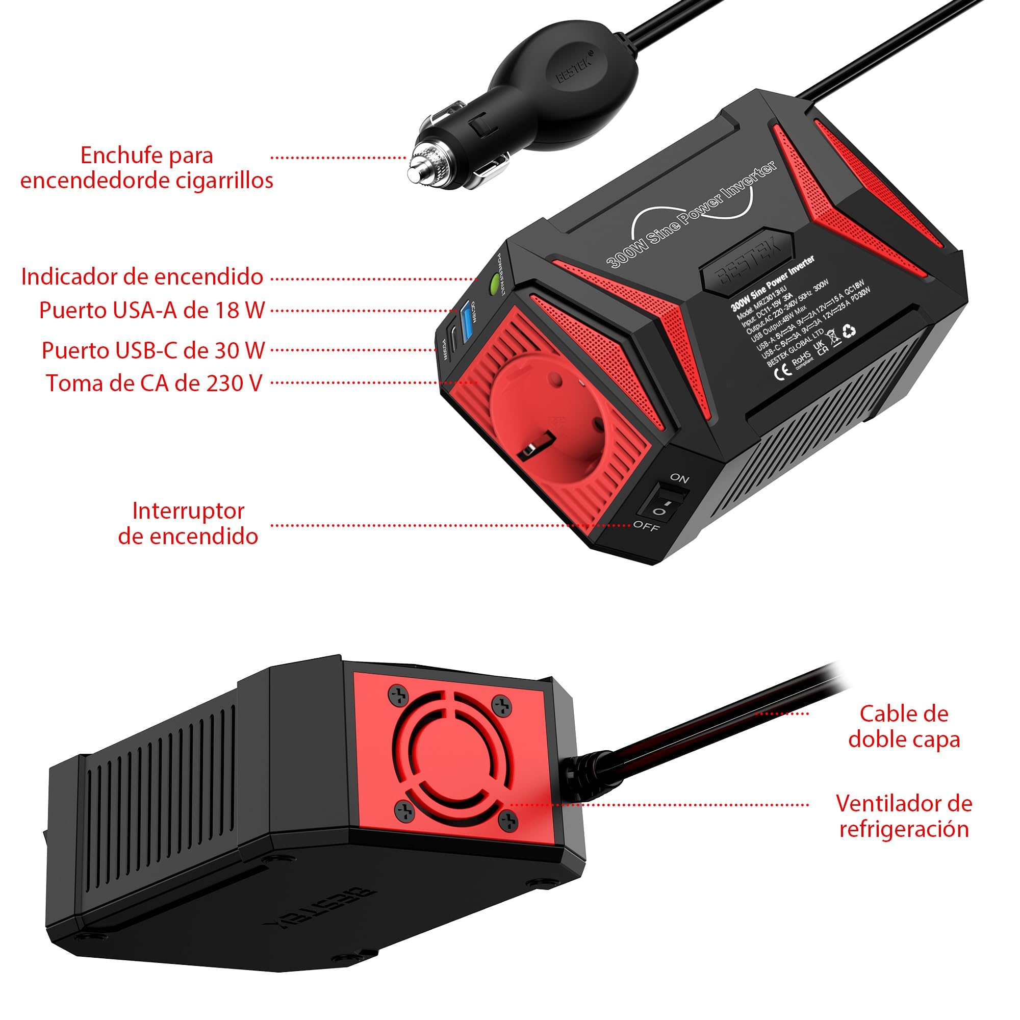 BESTEK Inversor 12v a 220v Onda Pura 300W Conversor para Coche Onda Sinusoidal Transformador con 2 Puerto de Carga Rápida（PD30W&QC18W）y 1 Toma de AC, Adaptador de Mechero Coche para Portátil, Movíl