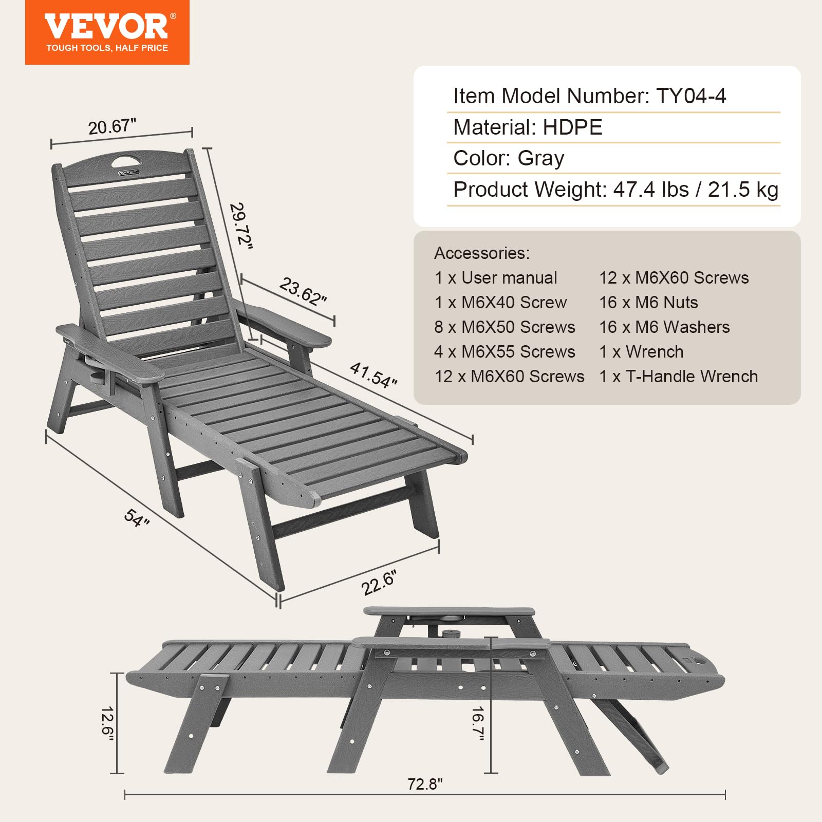 VEVOR Sonnenliege, 181 kg Tragkraft, HDPE Gartenliege, Strandliege mit 6-Fach Verstellbarer Rückenlehne, Armlehne, Getränkehalter, Balkonliege, Terrassenliege für Pool, Terrasse, Patio, Rasen, Grau