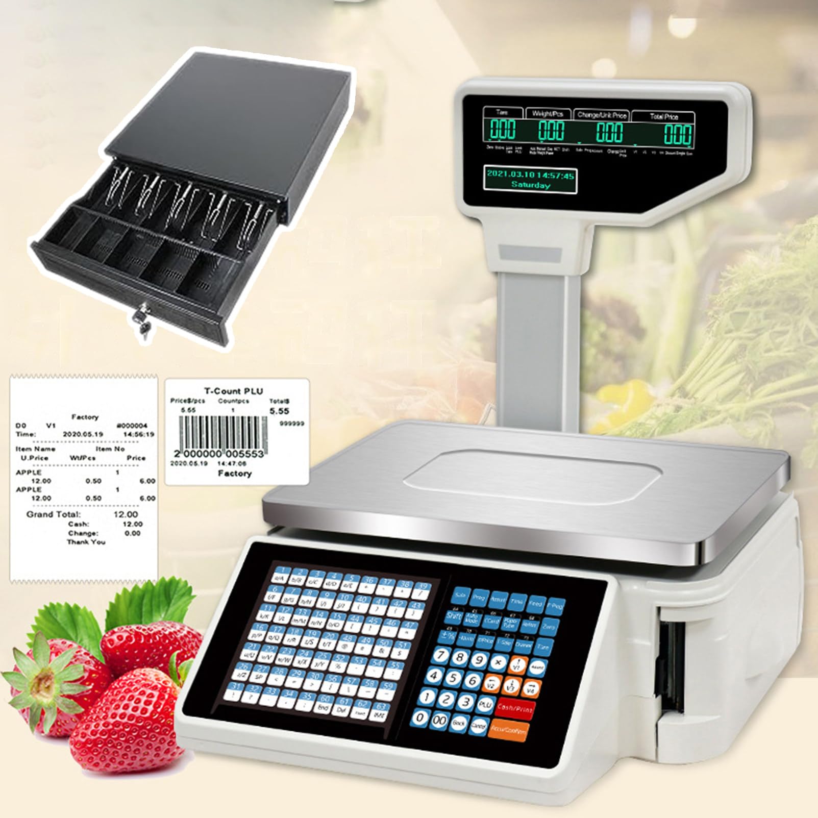LYDZUSDP Label Printing Scales Digital Barcode Weighing Scales-Back Front Dual Display-63 Shortcut Keys for Weighing(Machine+Cashbox)