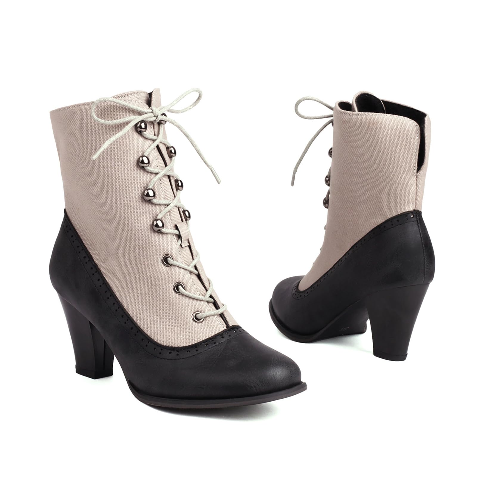 Women Vintage Boots Kitten Heel Lace Up Ankle Boots Side Zipper Round Toe Booties