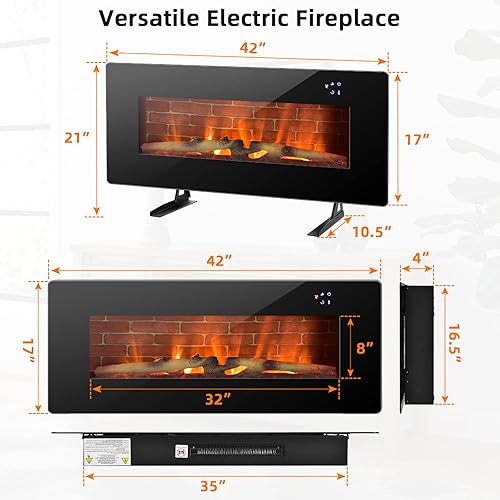 Miniatura 8 de Tangkula Chimenea eléctrica de 42 pulgadas, calentador eléctrico independiente y montado en la pared, chimenea eléctrica de 1400 W con temporizador,