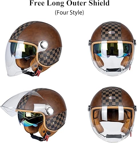 Miniatura 4 de Casco de motocicleta de doble visera 34 de cara abierta para hombres y mujeres, aprobado por DOT, unisex, casco retro para ciclomotor, crucero,