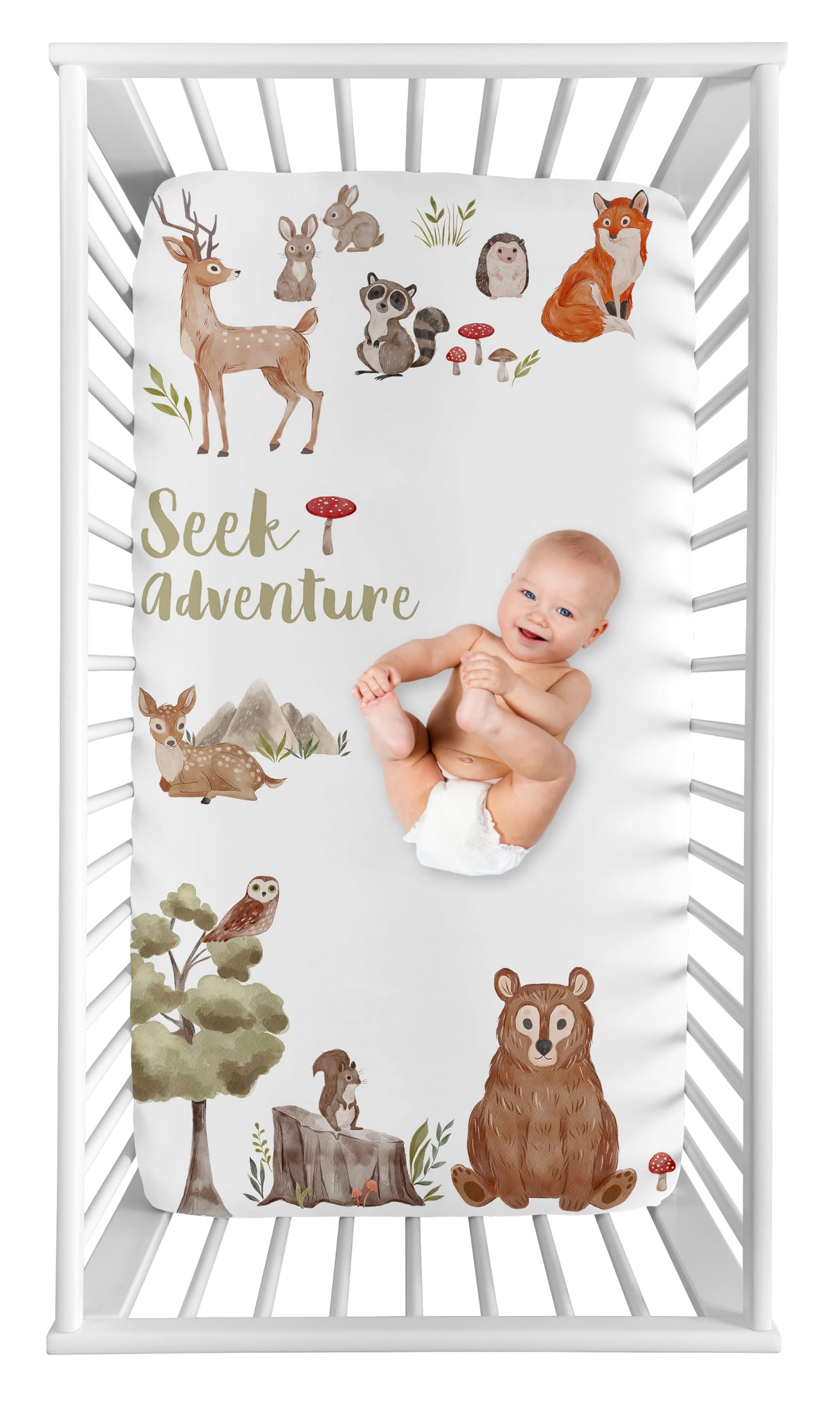Sweet Jojo Designs Fitted Baby Crib Sheets (Woodland Animals) for Boys or Girls, Infant Nursery, Toddler Room - Standard Size (Photo Op, Farmhouse, Forest Woods, Bear, Fox, Hedgehog, Deer, Sage Green)
