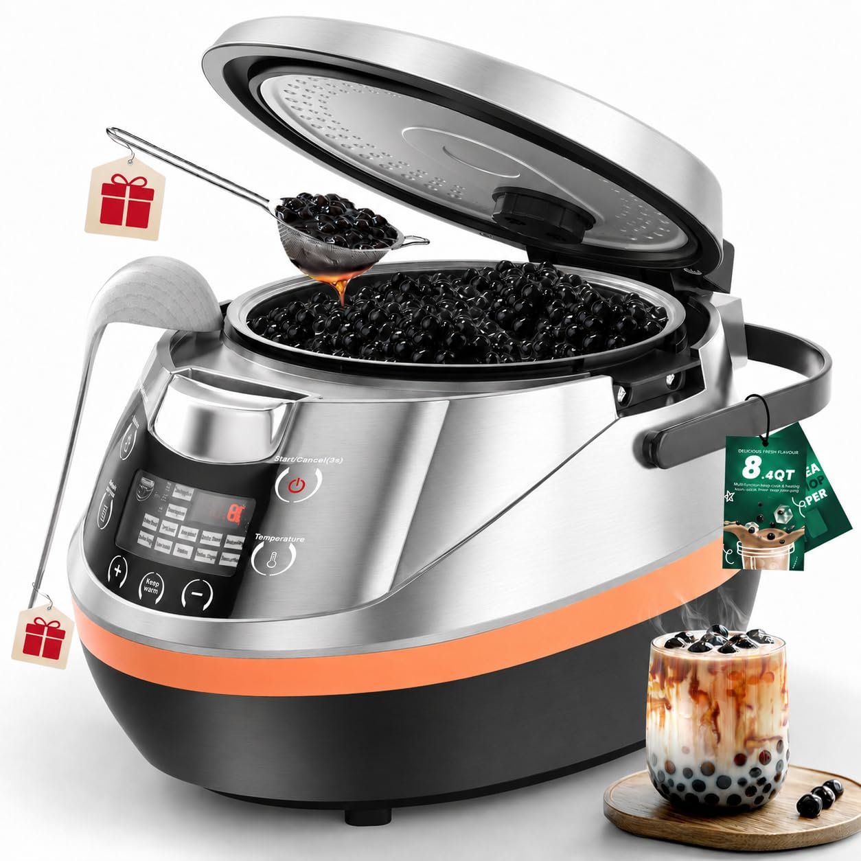 WantJoin Boba Cooker - 8L Commercial Automatic Bubble Maker Machine Pearl Warmer Cooking Pot for Milk Tea Tapioca Pearls, 1350W