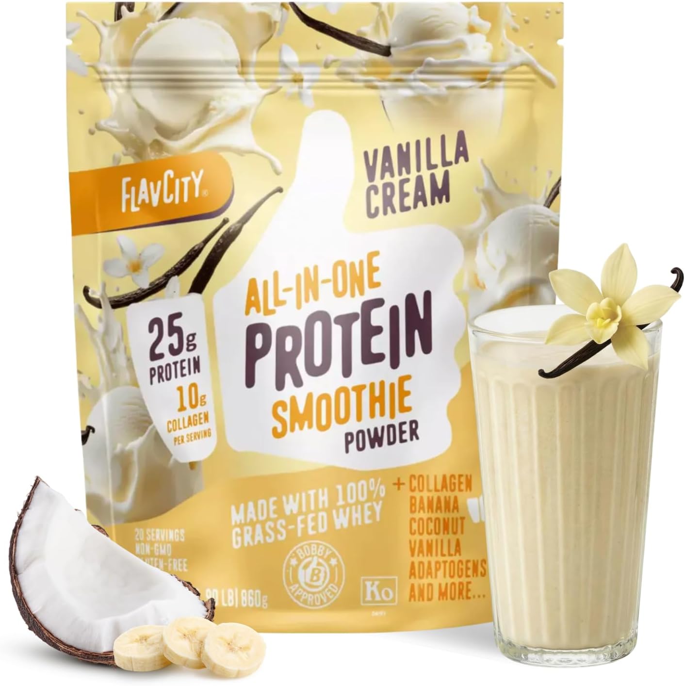 Protein Smoothie, Vanilla - 100% Grass-Fed Whey Protein Smoothie with Collagen (25g of Protein) - Gluten Free & No Added Sugars (29.63 oz)