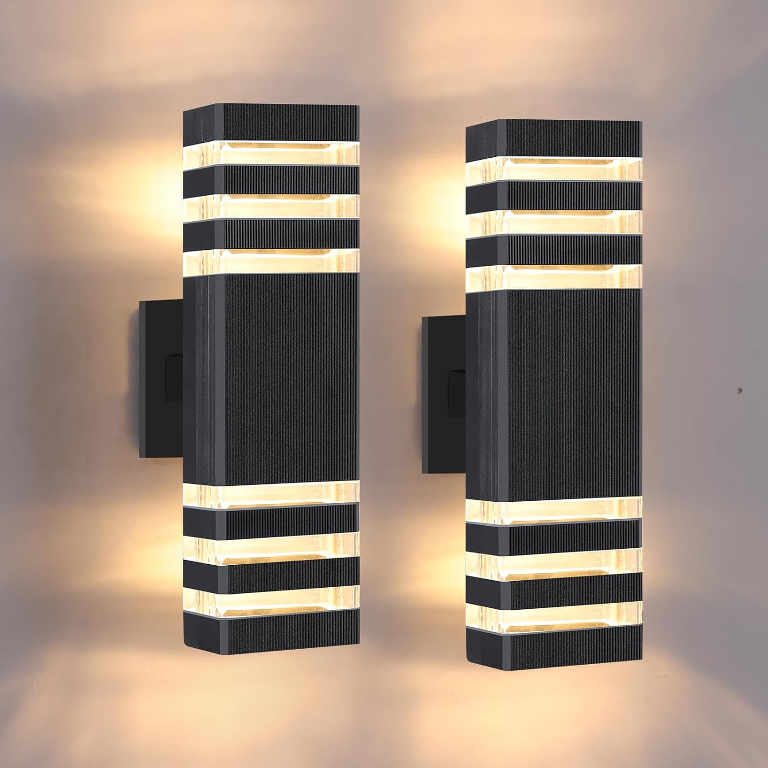 3-Layer Up and Down Modern Outdoor Wall Lights, 2-Pack Black Aluminum Exterior Sconce, IP65 Waterproof for Porch Garage Patio, Warm White 3000K