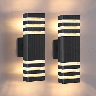 3-Layer Up and Down Modern Outdoor Wall Lights, 2-Pack Black Aluminum Exterior Sconce, IP65 Waterproof for Porch Garage Patio, Warm White 3000K