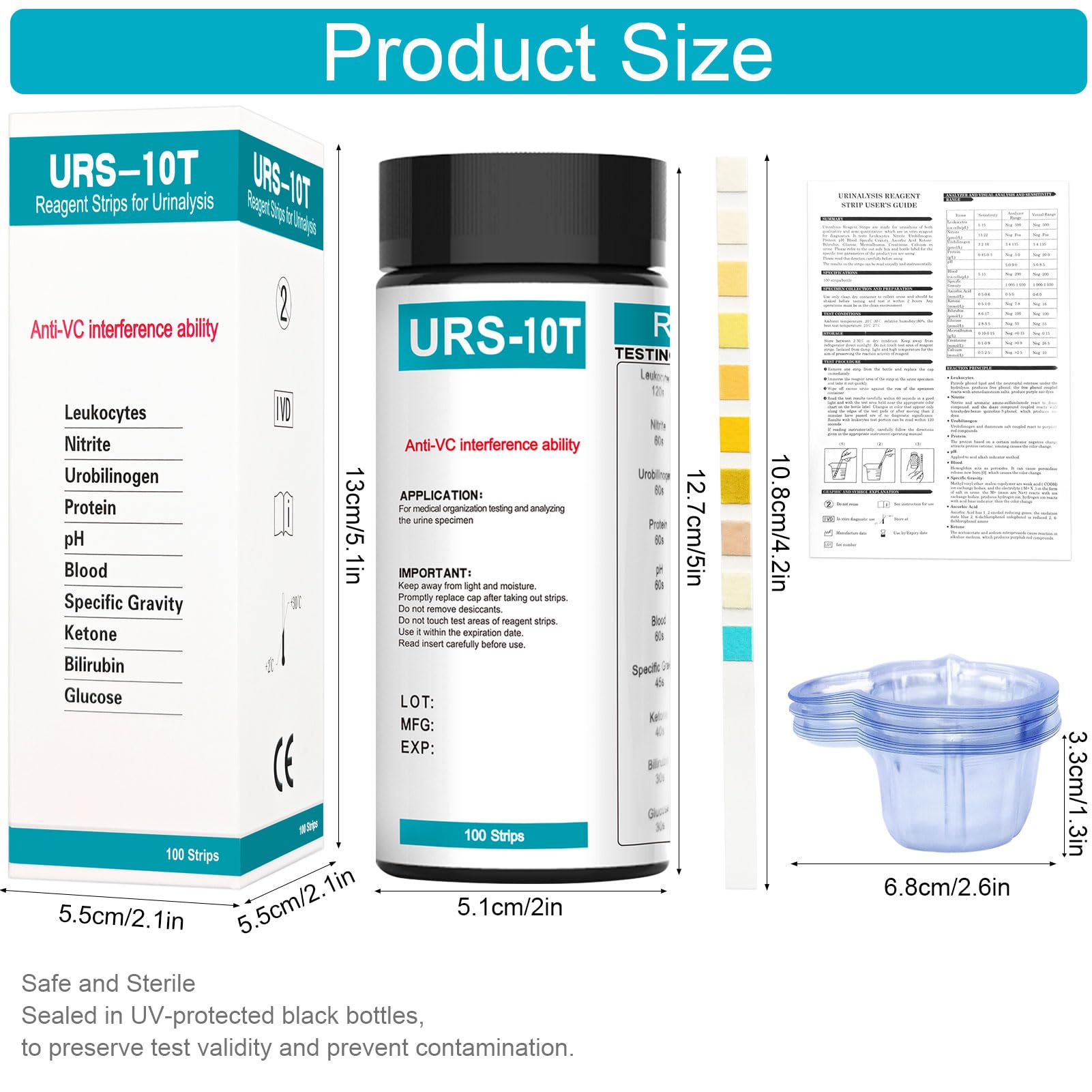 100 strisce reattive per analisi delle urine | Strisce reattive per urina da 10 parametri, contiene 10 bicchierini per urina usa e getta per un facile confronto dei parametri.